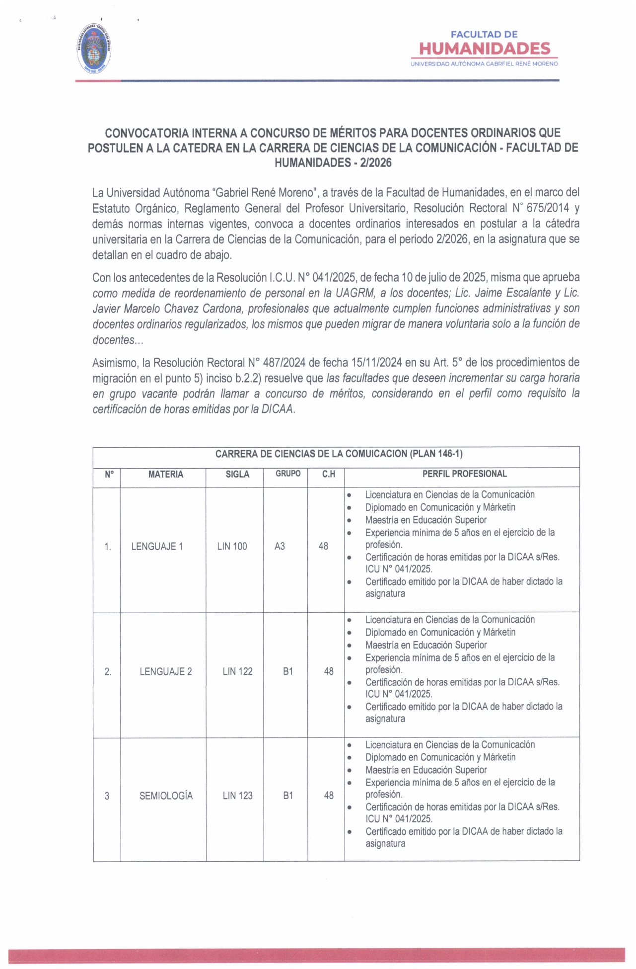 Facultad de Humanidades convoca a Concurso de Méritos para la cátedra en Ciencias de la Comunicación (Gestión 2/2026)