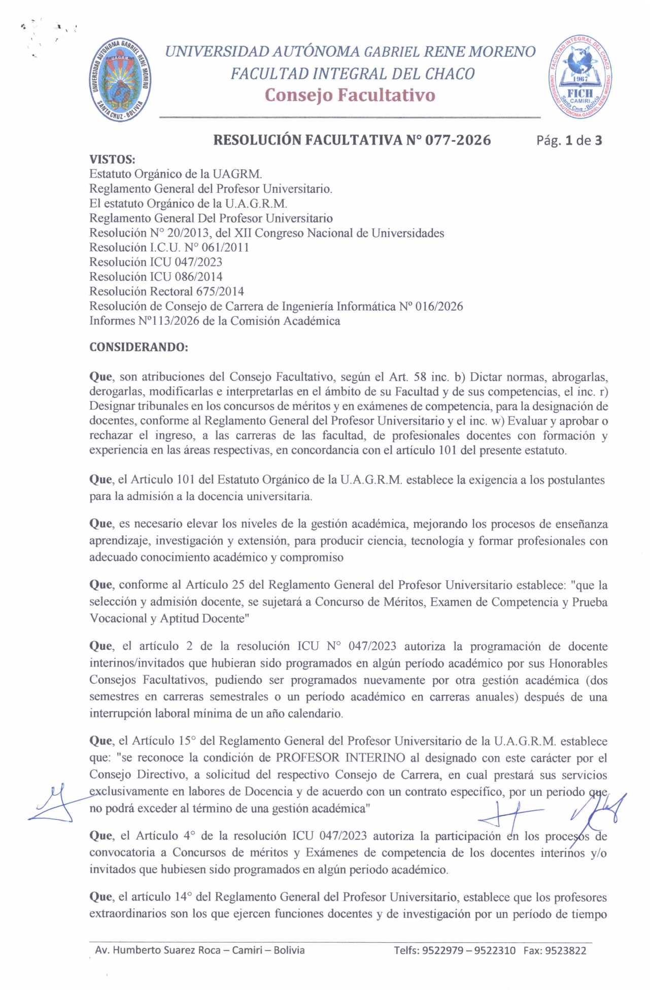 Facultad Integral del Chaco convoca a Concurso de Méritos y Examen de Competencia en Ingeniería Informática (Gestión 2/2026)