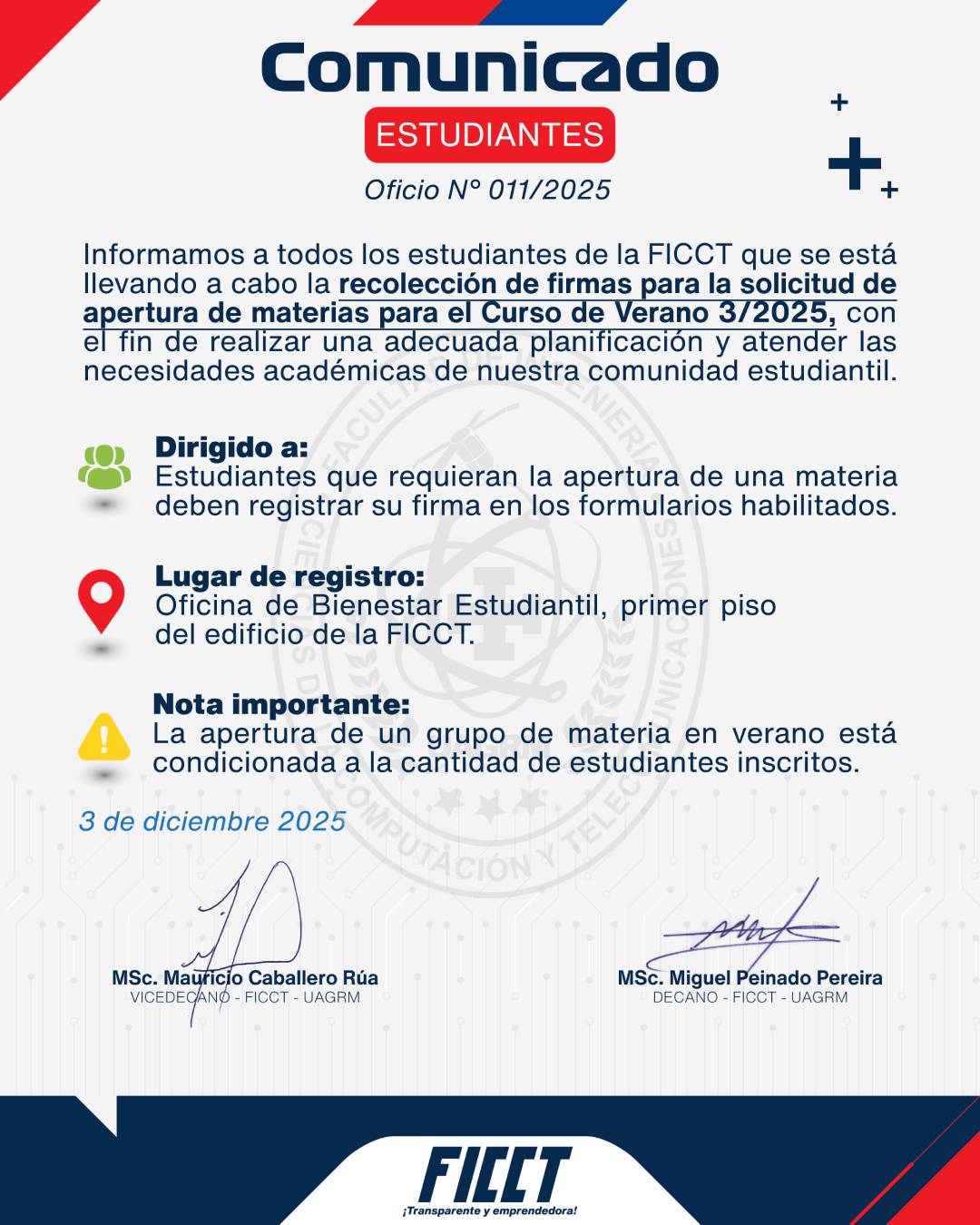 COMUNICADO PARA LOS ESTUDIANTES DE LA FICCT