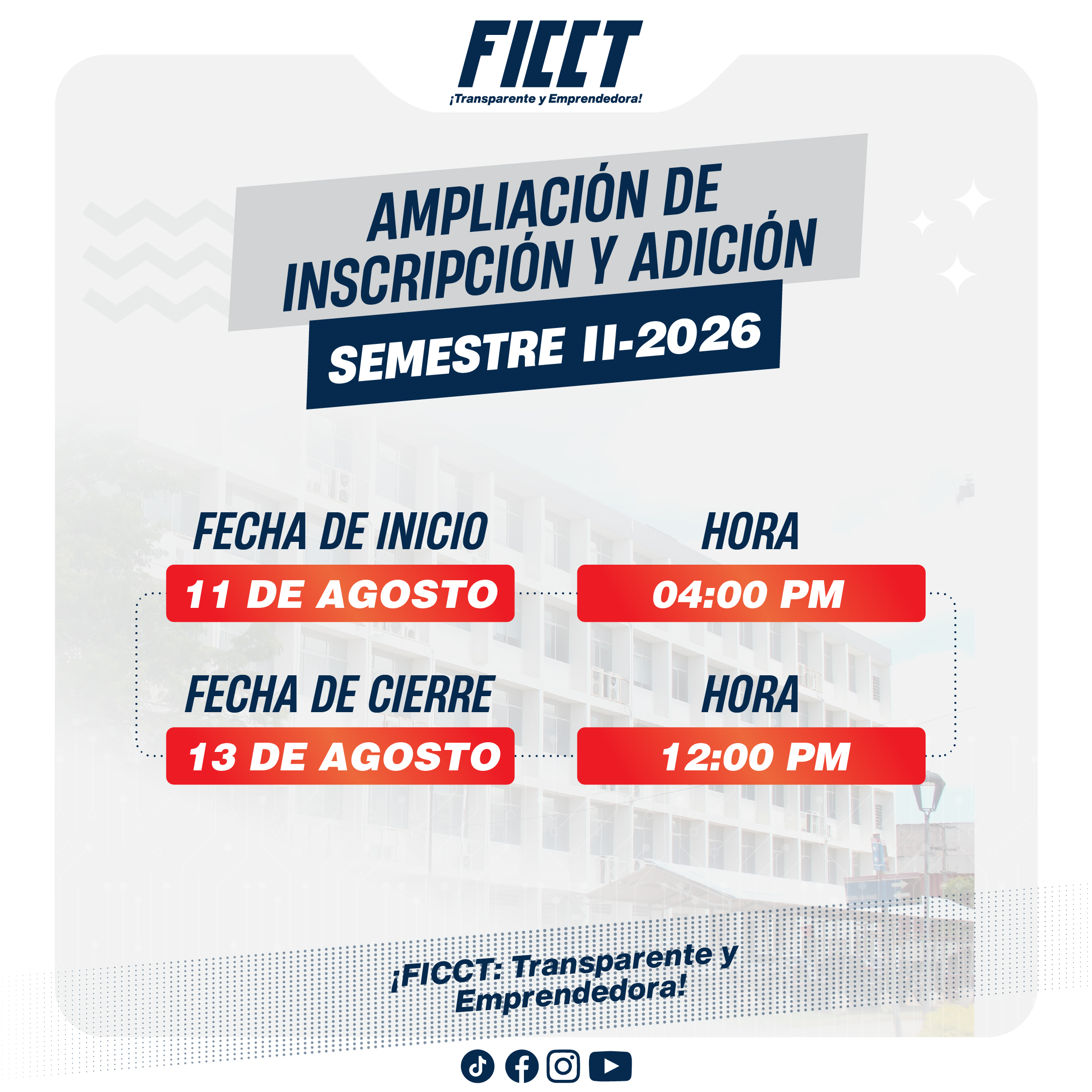 ¡𝐀𝐌𝐏𝐋𝐈𝐀𝐂𝐈𝐎́𝐍 𝐃𝐄 𝐈𝐍𝐒𝐂𝐑𝐈𝐏𝐂𝐈𝐎́𝐍 𝐘 𝐀𝐃𝐈𝐂𝐈𝐎́𝐍 – 𝐒𝐄𝐌𝐄𝐒𝐓𝐑𝐄 𝐈𝐈/𝟐𝟎𝟐𝟔 FICCT-UAGRM