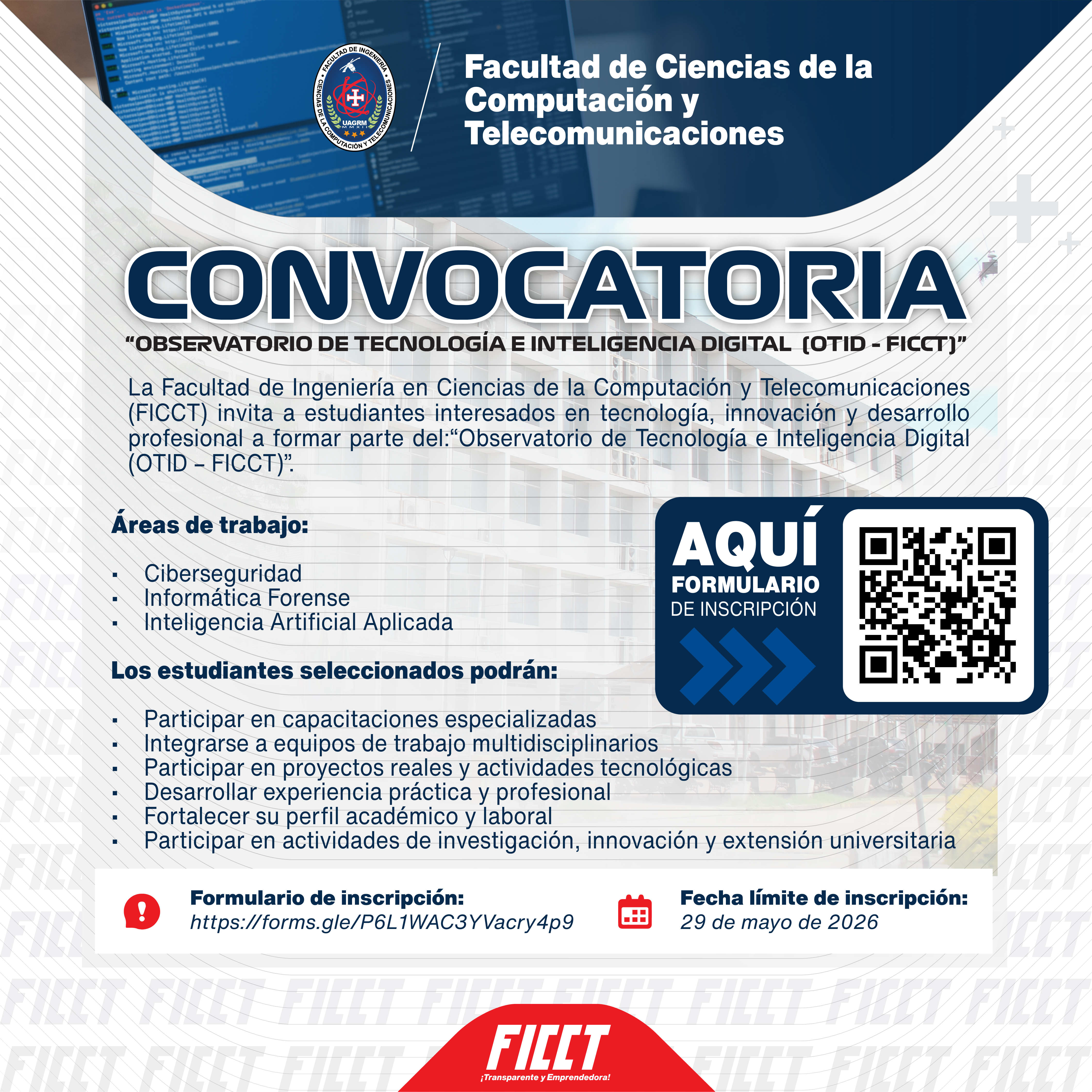 La Facultad de Ciencias de la Computación y Telecomunicaciones invita a estudiantes interesados en tecnología e innovación a formar parte del Observatorio de Tecnología e Inteligencia Digital (OTID).