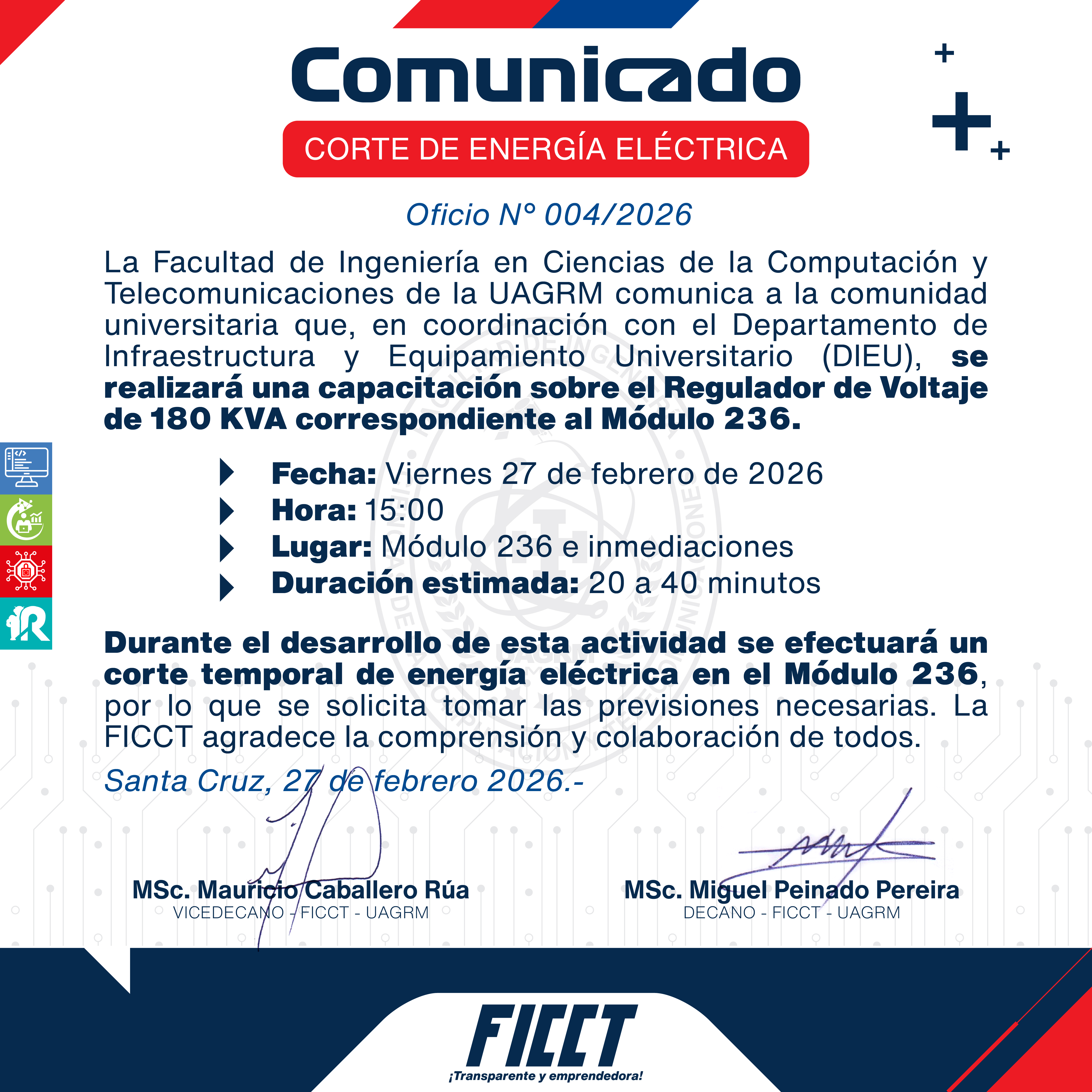 COMUNICADO – CORTE DE ENERGÍA ELÉCTRICA