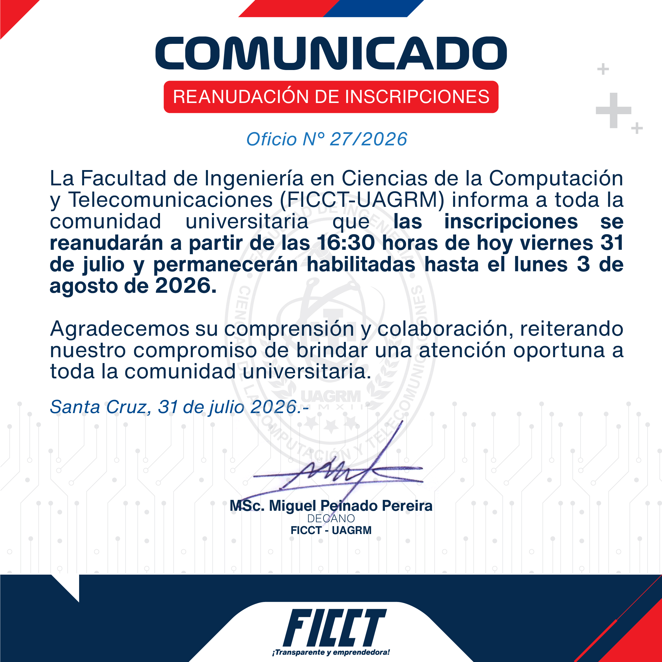 📢 𝐂𝐎𝐌𝐔𝐍𝐈𝐂𝐀𝐃O FICCT | 𝐑𝐄𝐀𝐍𝐔𝐃𝐀𝐂𝐈𝐎́𝐍 𝐃𝐄 𝐈𝐍𝐒𝐂𝐑𝐈𝐏𝐂𝐈𝐎𝐍𝐄𝐒