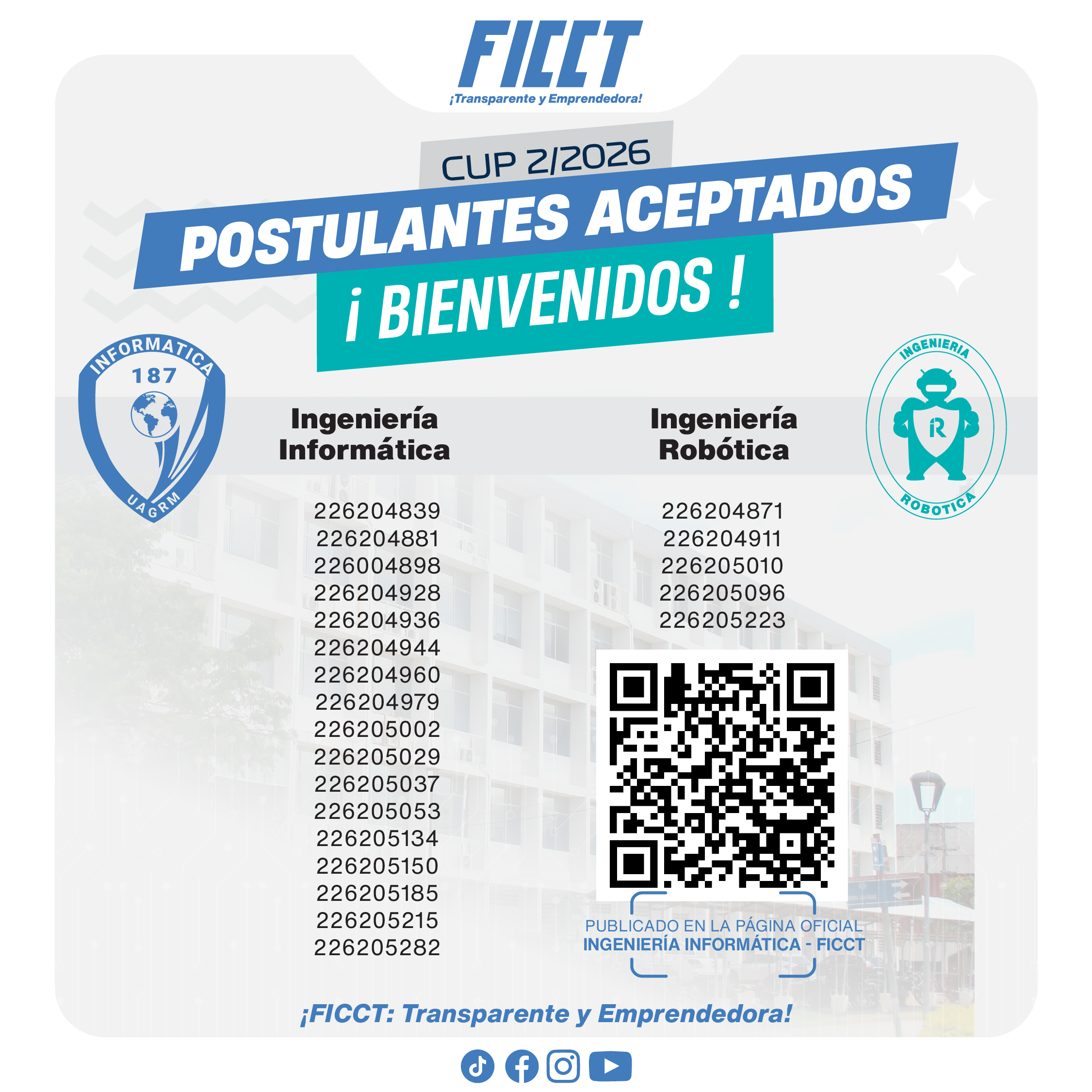 Ya está publicada la lista de postulantes aceptados para las carreras de Ingeniería Informática e Ingeniería Robótica de la FICCT.