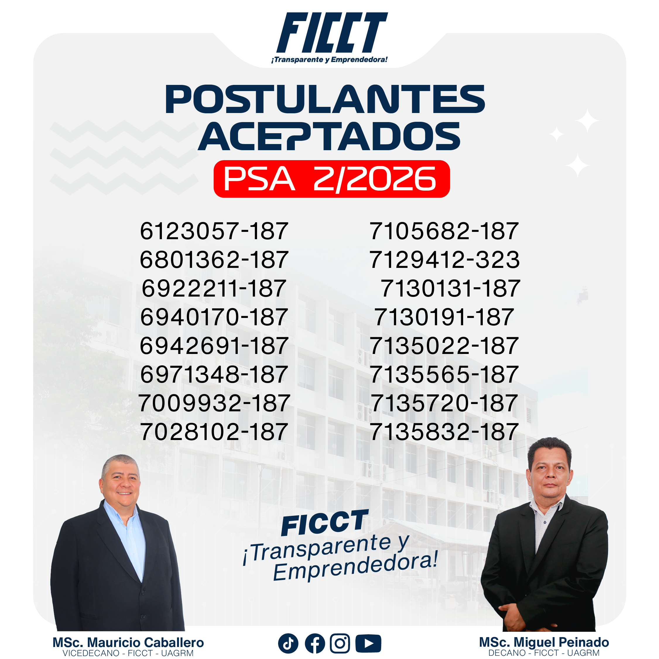 ✅ Ya se encuentra publicada la lista de postulantes aceptados de la FICCT PSA 2/2026