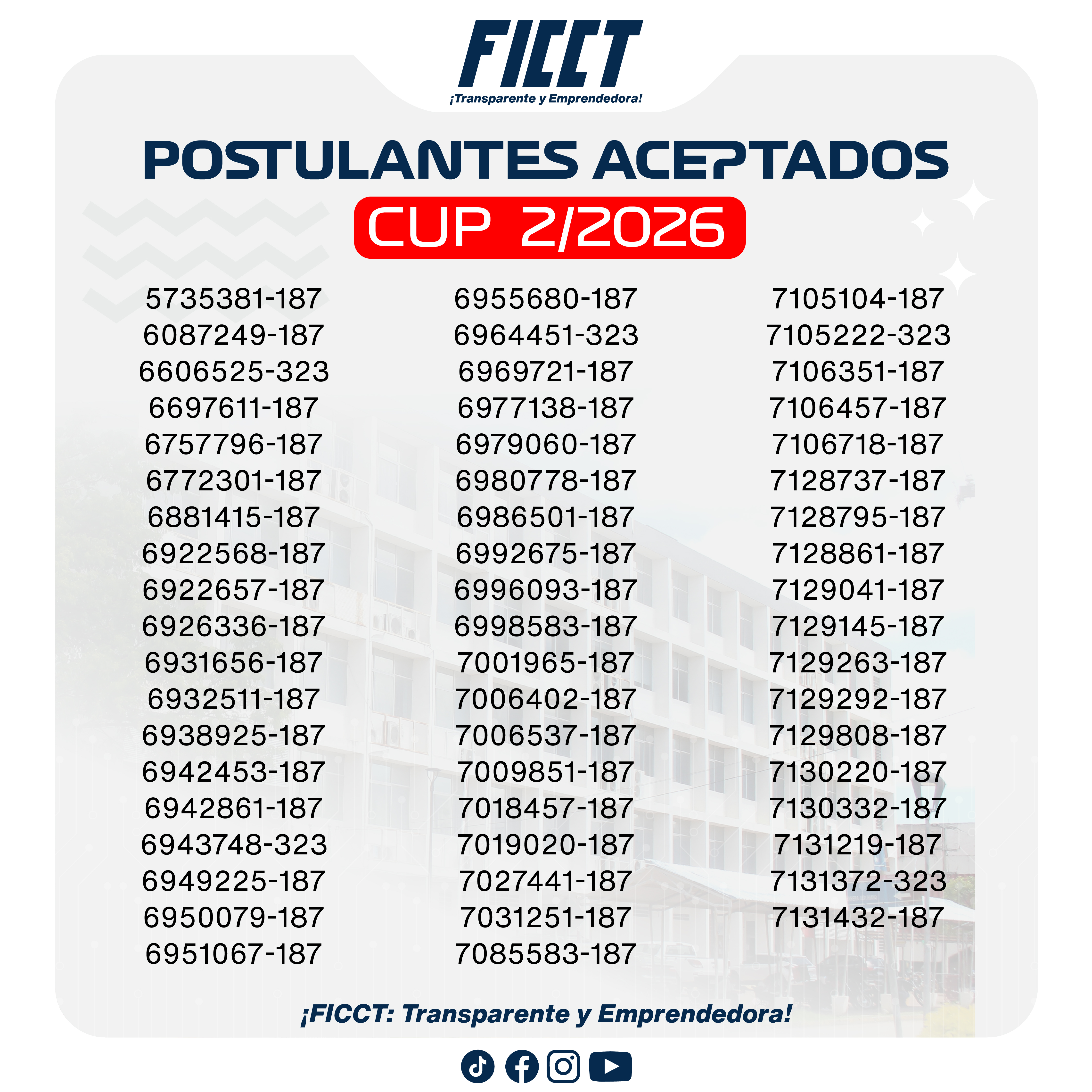 ¡𝐅𝐞𝐥𝐢𝐜𝐢𝐭𝐚𝐜𝐢𝐨𝐧𝐞𝐬 𝐚 𝐭𝐨𝐝𝐨𝐬 𝐥𝐨𝐬 𝐩𝐨𝐬𝐭𝐮𝐥𝐚𝐧𝐭𝐞𝐬 FICCT 𝐚𝐜𝐞𝐩𝐭𝐚𝐝𝐨𝐬 𝐚𝐥 𝐂𝐔𝐏 𝟐/𝟐𝟎𝟐𝟔❗🎉