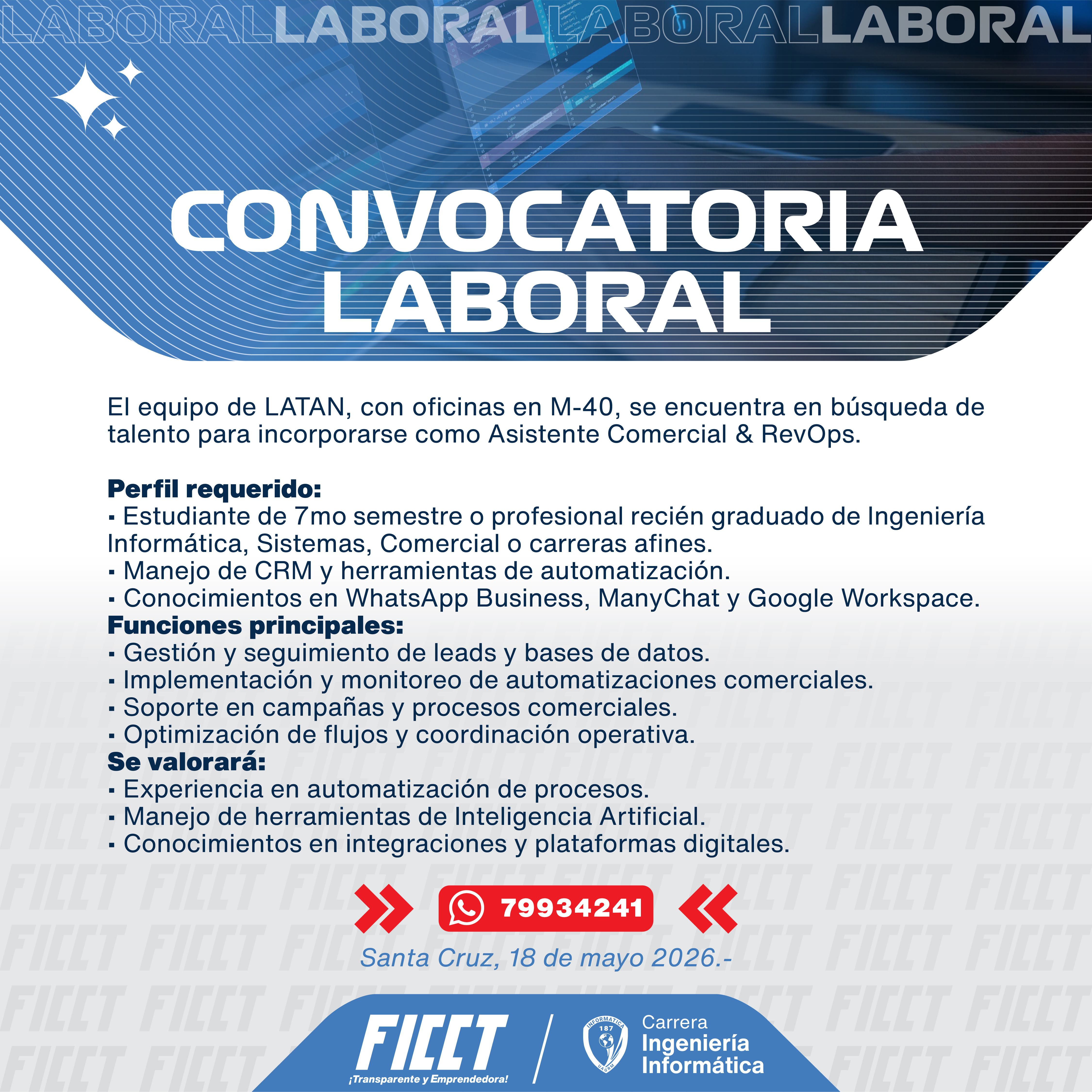 Convocatoria laboral para estudiantes de Ingeniería Informática