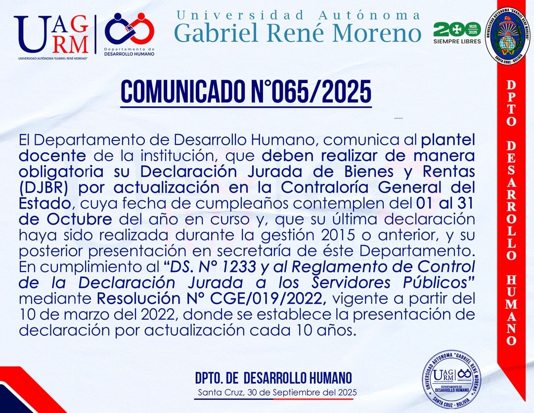 Docentes con cumpleaños en octubre y última DJBR anterior a 2016 deben actualizar su declaración jurada según normativa vigente