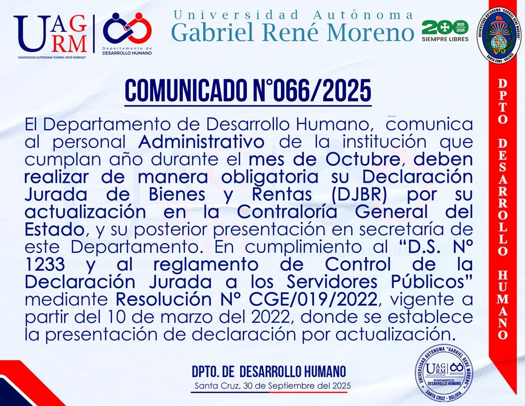 Personal administrativo con cumpleaños en octubre debe presentar actualización obligatoria de DJBR según normativa vigente
