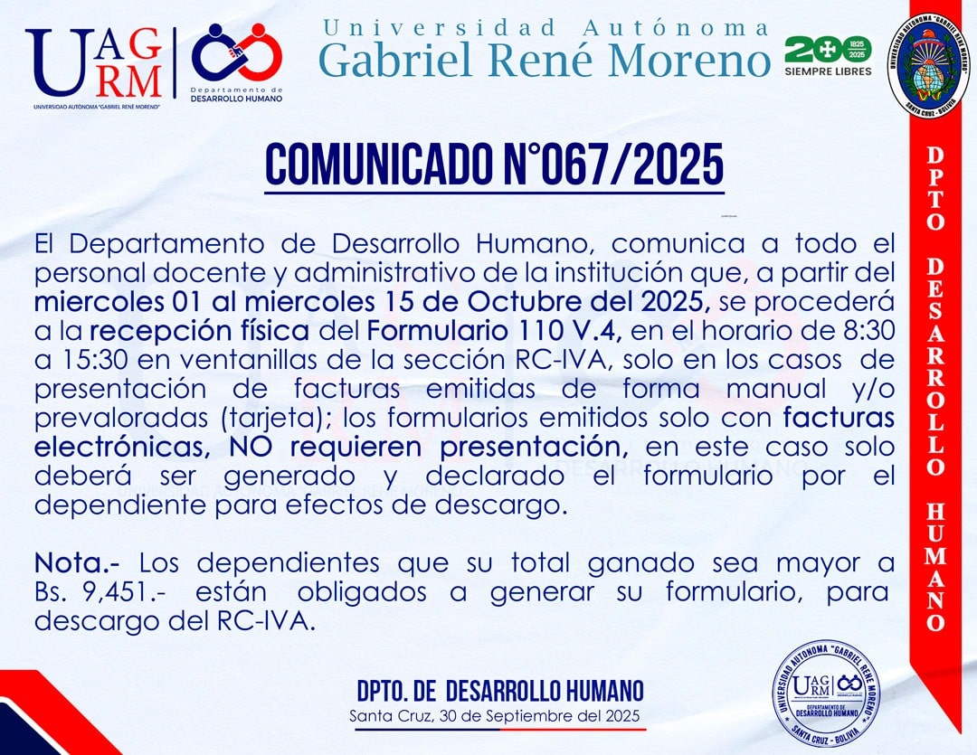 Recepción física del Formulario 110 V.4 para facturas manuales y prevaloradas será del 1 al 15 de octubre