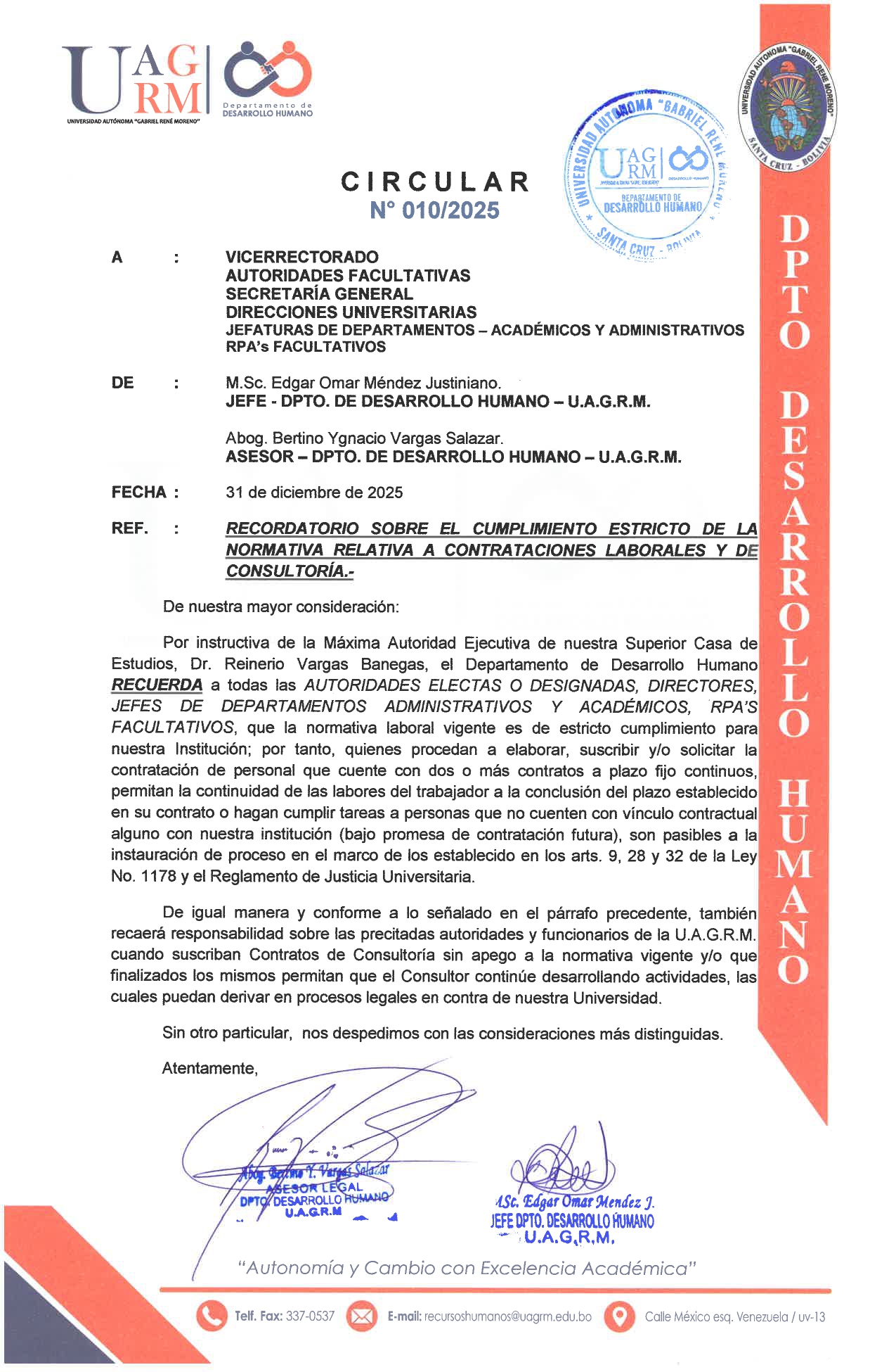 RECORDATORIO SOBRE EL CUMPLIMIENTO ESTRICTO DE LA NORMATIVA RELATIVA A CONTRATACIONES LABORALES Y DE CONSULTORIA