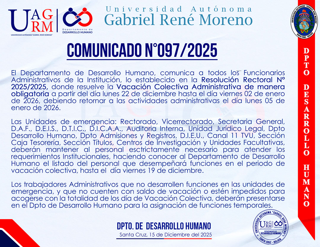 VACACIÓN COLECTIVA ADMINISTRATIVA DEL DÍA LUNES 22 DE DICIEMBRE AL DÍA VIERNES 02 DE ENERO DEL 2026