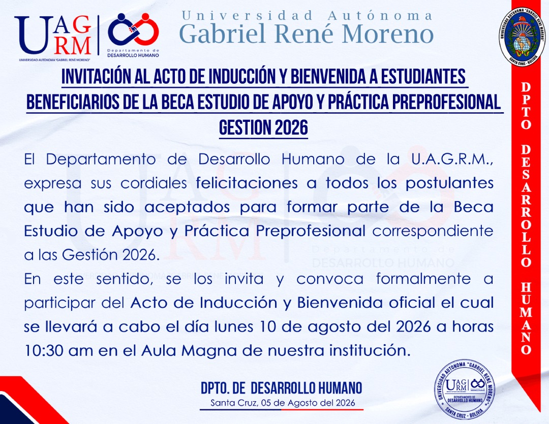 INVITACIÓN AL ACTO DE INDUCCIÓN Y BIENVENIDA A ESTUDIANTES BENEFICIARIOS DE LA BECA ESTUDIO DE APOYO Y PRÁCTICA PREPROFESIONAL GESTIÓN 2026