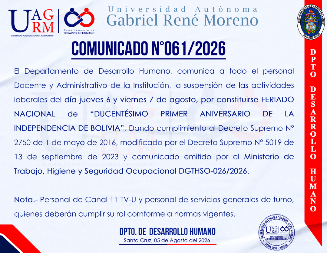 FERIADO NACIONAL DUCENTÉSIMO PRIMER ANIVERSARIO DE LA INDEPENDENCIA DE BOLIVIA