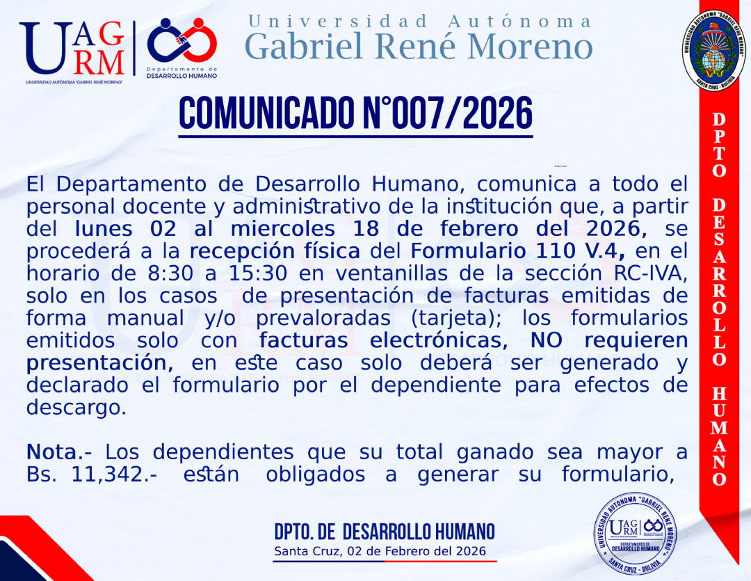 Recepción física del Formulario 110 V.4 para facturas manuales y prevaloradas será del 2 al 18 de febrero