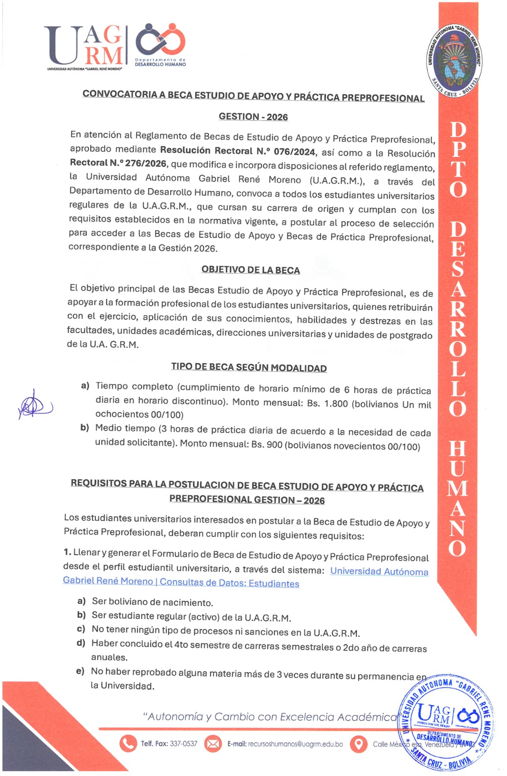CONVOCATORIA A BECA ESTUDIO DE APOYO Y PRÁCTICA PREPROFESIONAL GESTION - 2026