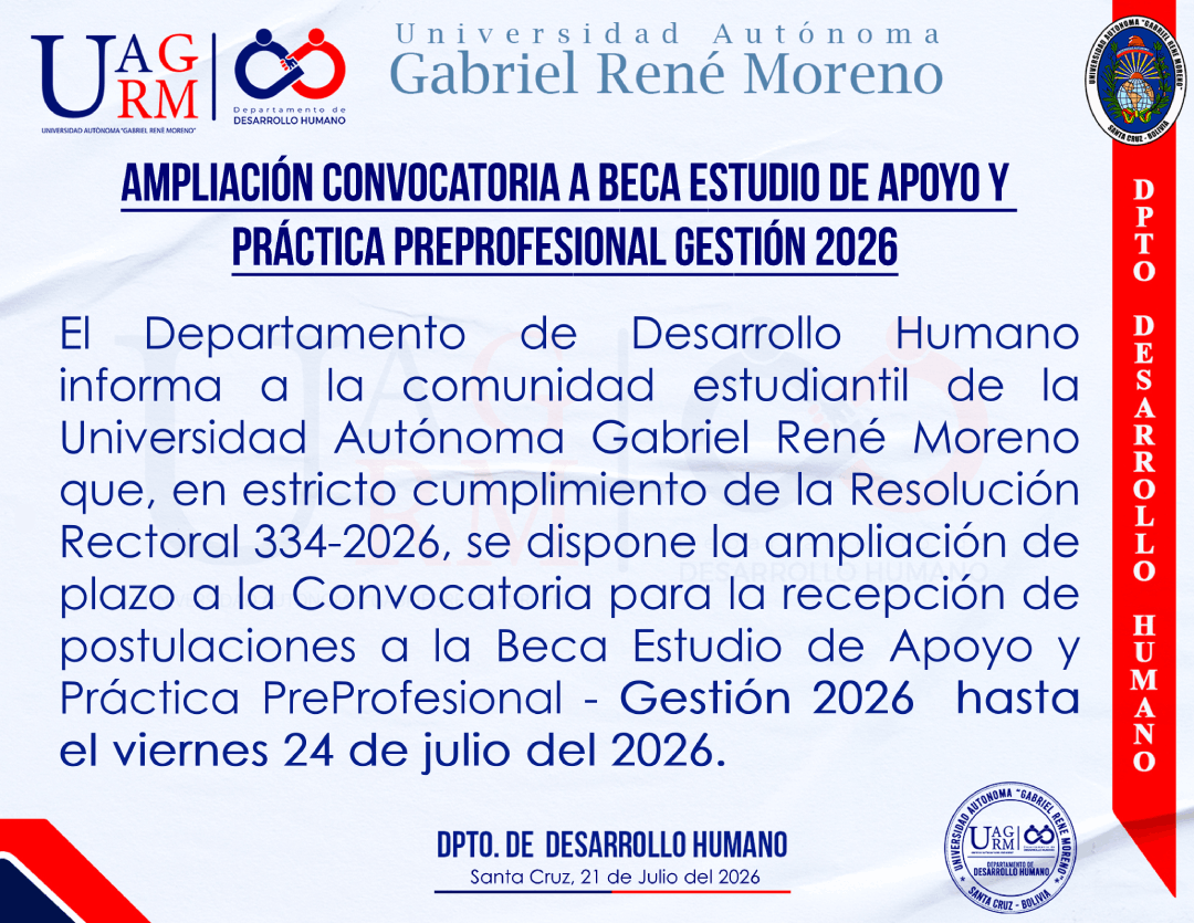 Ampliación convocatoria a beca estudio de apoyo y práctica preprofesional gestión 2026