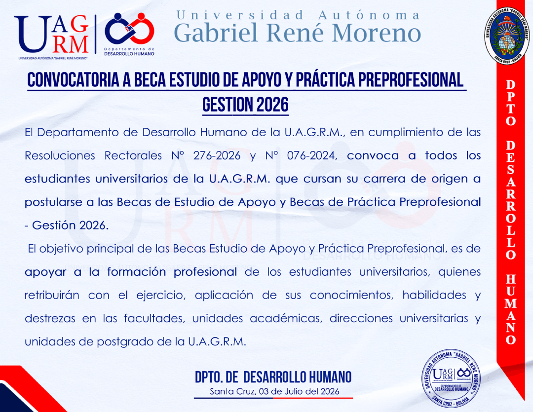 CONVOCATORIA A BECA ESTUDIO DE APOYO Y PRÁCTICA PREPROFESIONAL GESTION - 2026