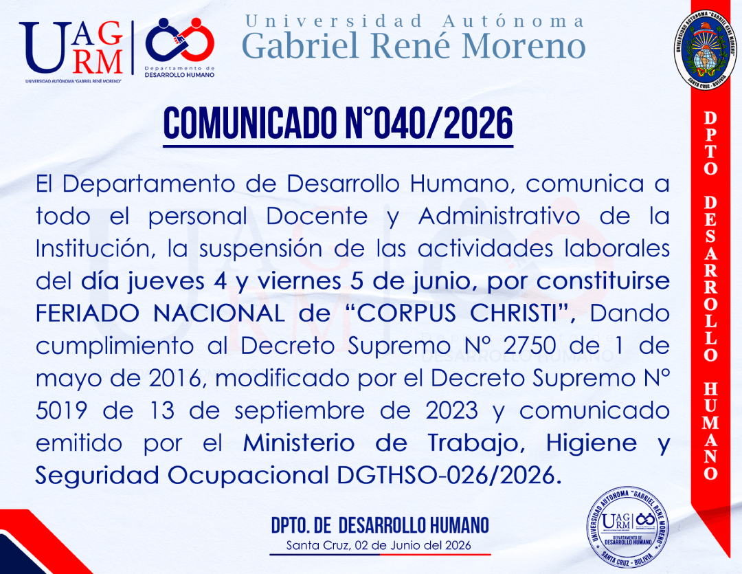 COMUNICADO FERIADO DÍA JUEVES 4 Y VIERNES 5 DE JUNIO CORPUS CHRISTI
