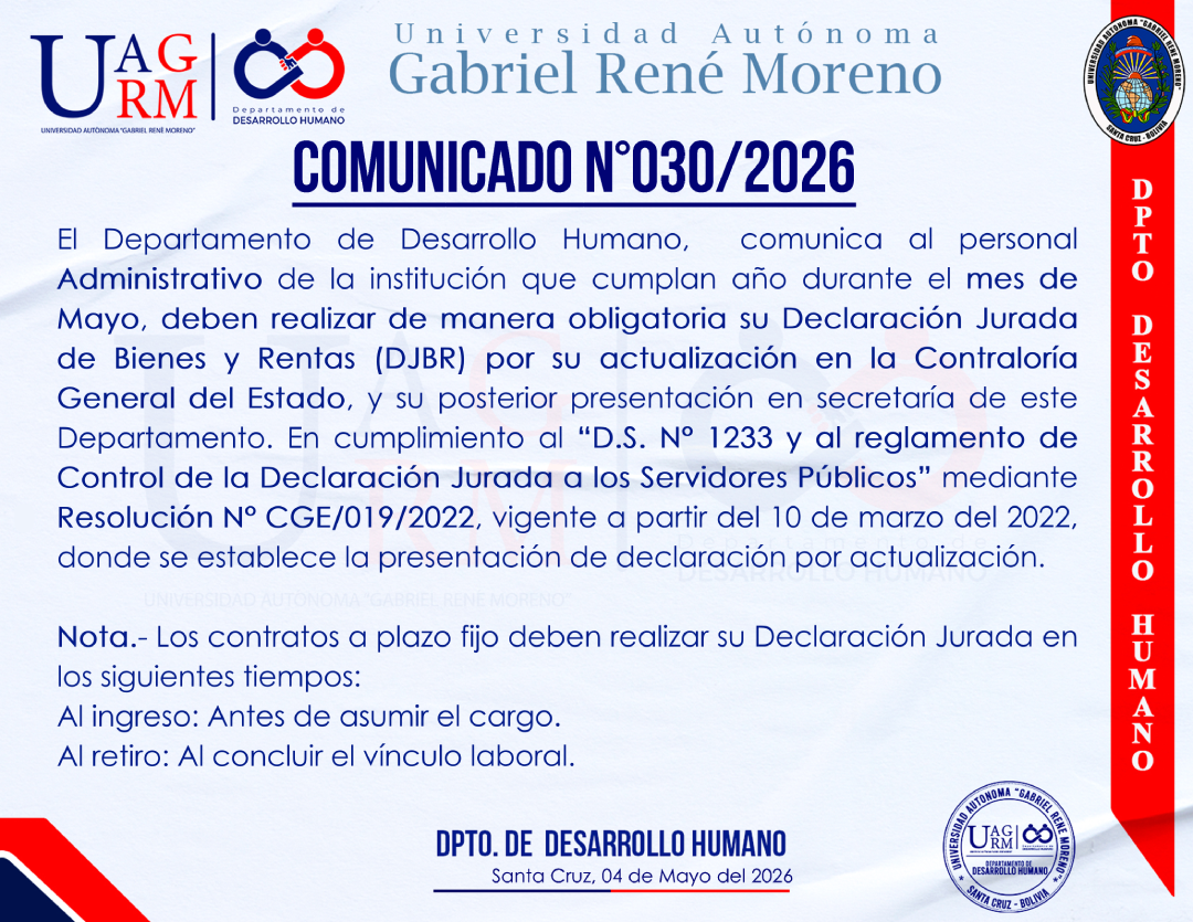 PRESENTACIÓN DECLARACIÓN JURADA ADMINISTRATIVOS MAYO 2026