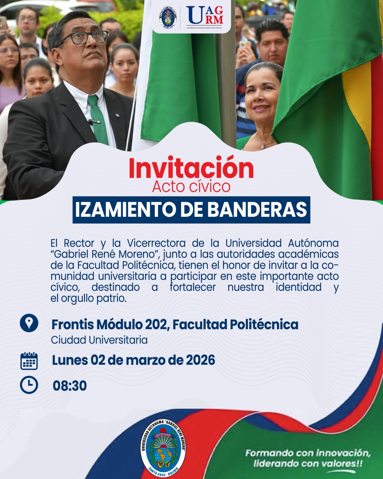 UAGRM invita al Acto Cívico de Izamiento de Banderas en la Facultad Politécnica