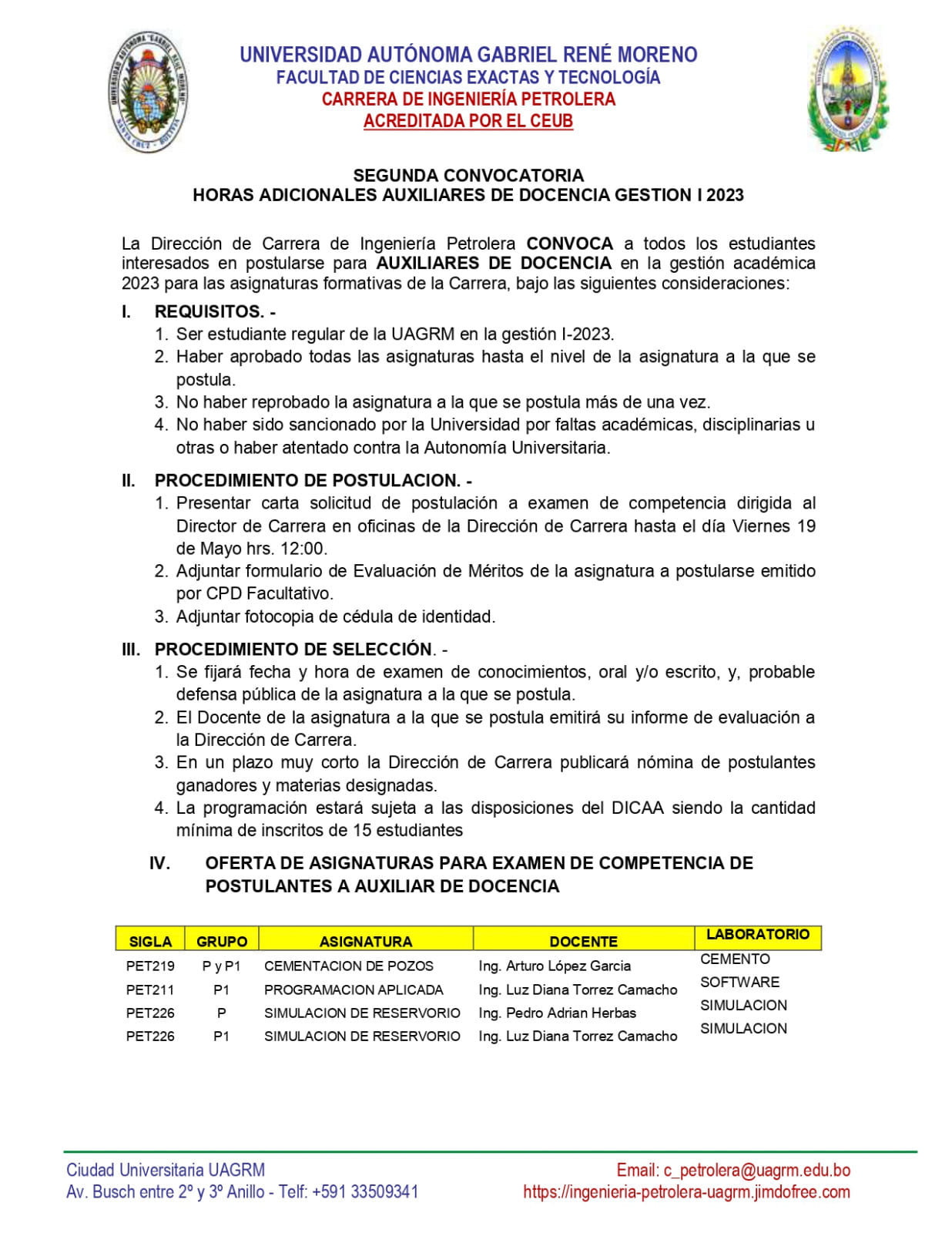 SEGUNDA CONVOCATORIA AUXILIARES DE DOCENCIA GESTIÓN 1-2023