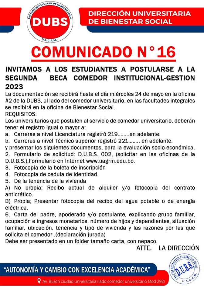 CONVOCATORIA BECA COMEDOR INSTITUCIONAL