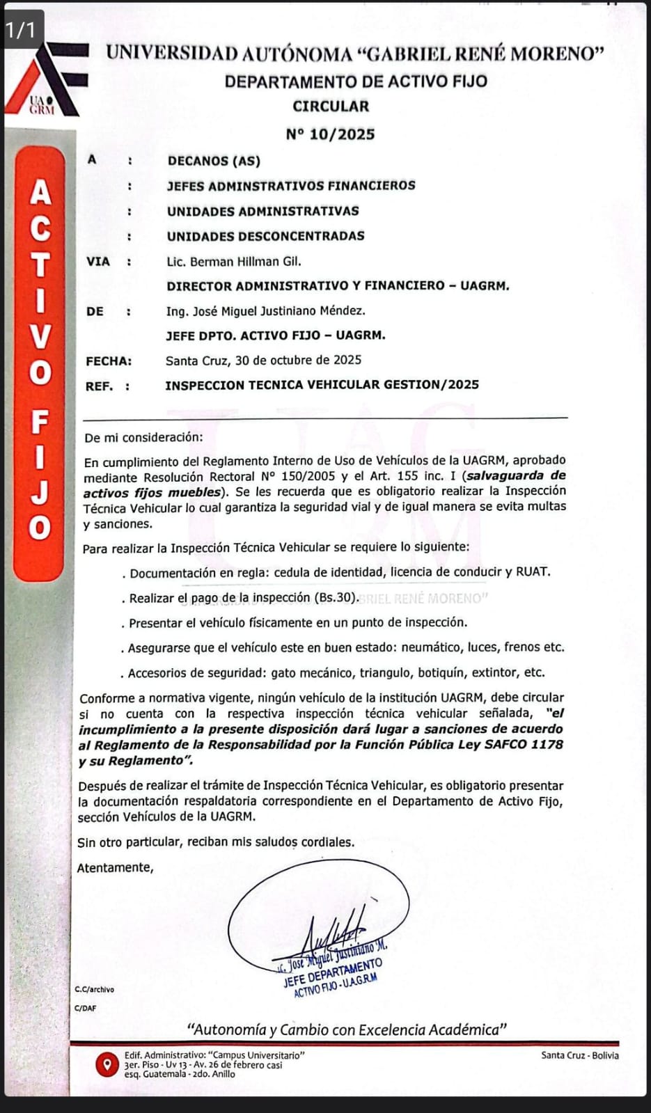 CIRCULAR 10/2025 - INSPECCIÓN TECNICA VEHICULAR