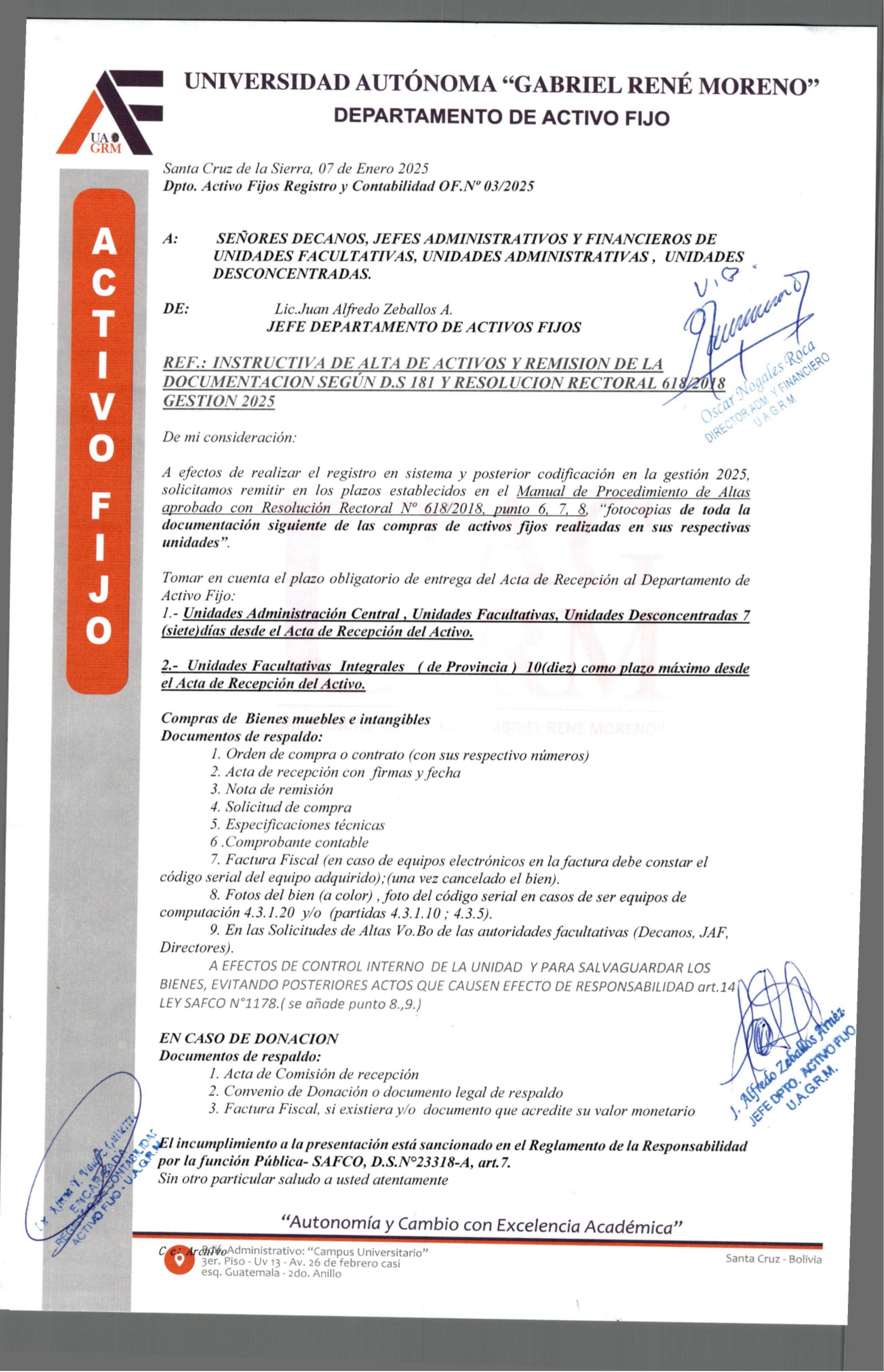 INSTRUCTIVA DE ALTA DE ACTIVOS Y REMISIÓN DE LA DOCUMENTACIÓN SEGÚN D.S. 181 Y RESOLUCIÓN RECTORAL 618/2018 GESTIÓN 2025