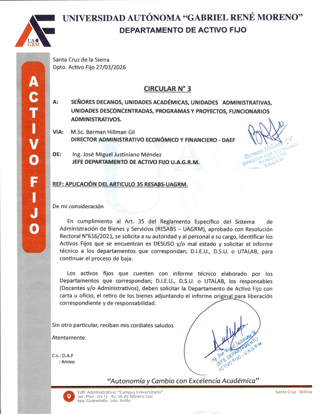 CIRCULAR N° 3 APLICACIÓN DEL ARTICULO 35 RESABS - UAGRM