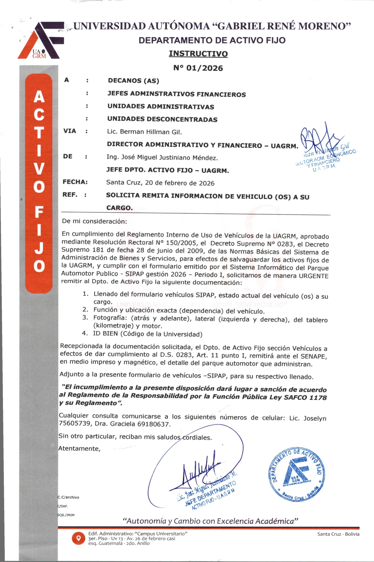 INSTRUCTIVA N° 1/2026 -  SOLICITUD REMISIÓN DE INFORMACIÓN DE VEHICULOS A SU CARGO