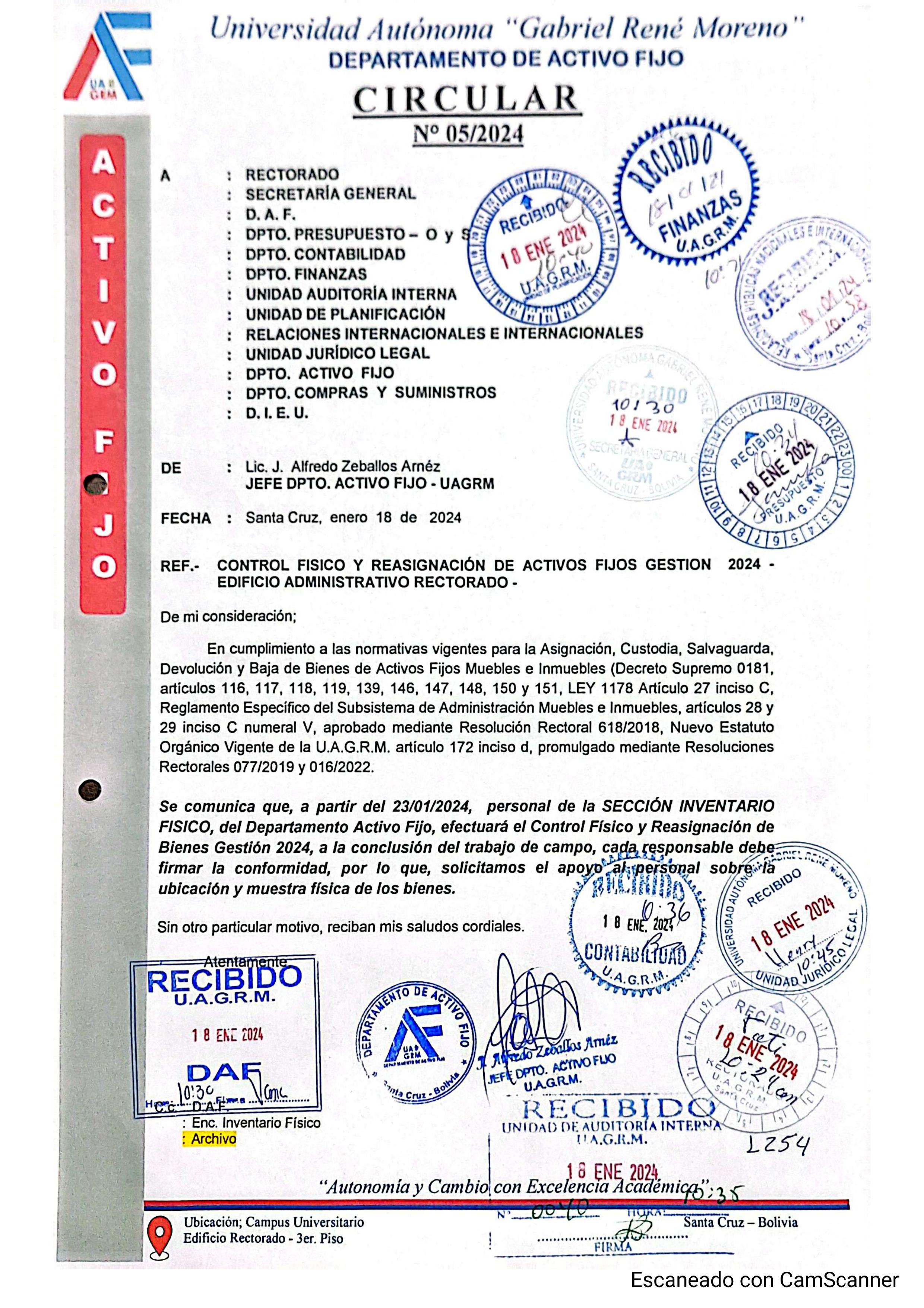 CIRUCULAR N° 05/2024 - CONTROL FÍSICO Y REASIGNACIÓN DE ACTIVOS FIJOS GESTIÓN 2024 - EDIFICIO ADMINISTRATIVO RECTORADO.