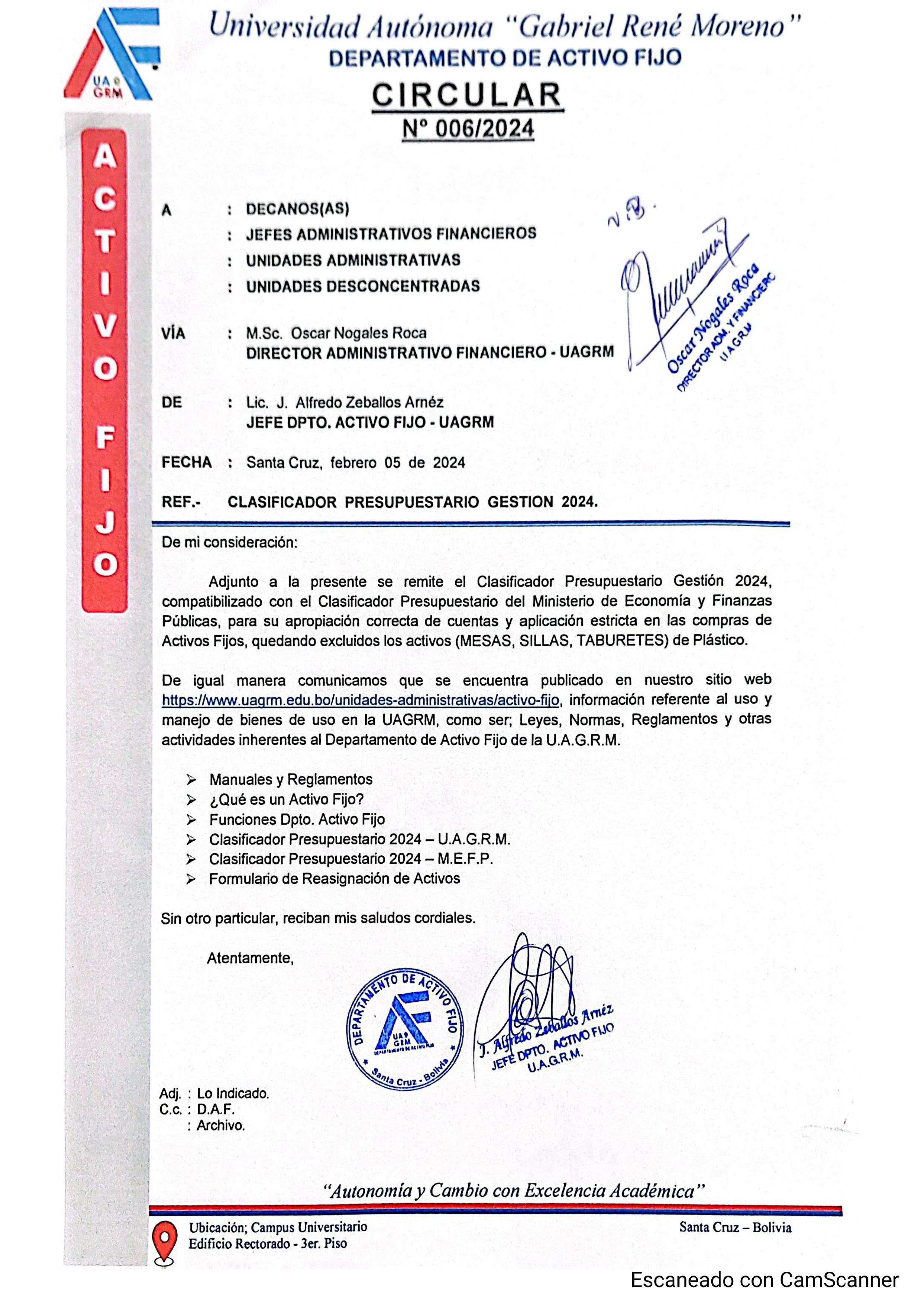 CIRCULAR N° 06/2024 - CLASIFICADOR PRESUPUESTARIO GESTIÓN 2024