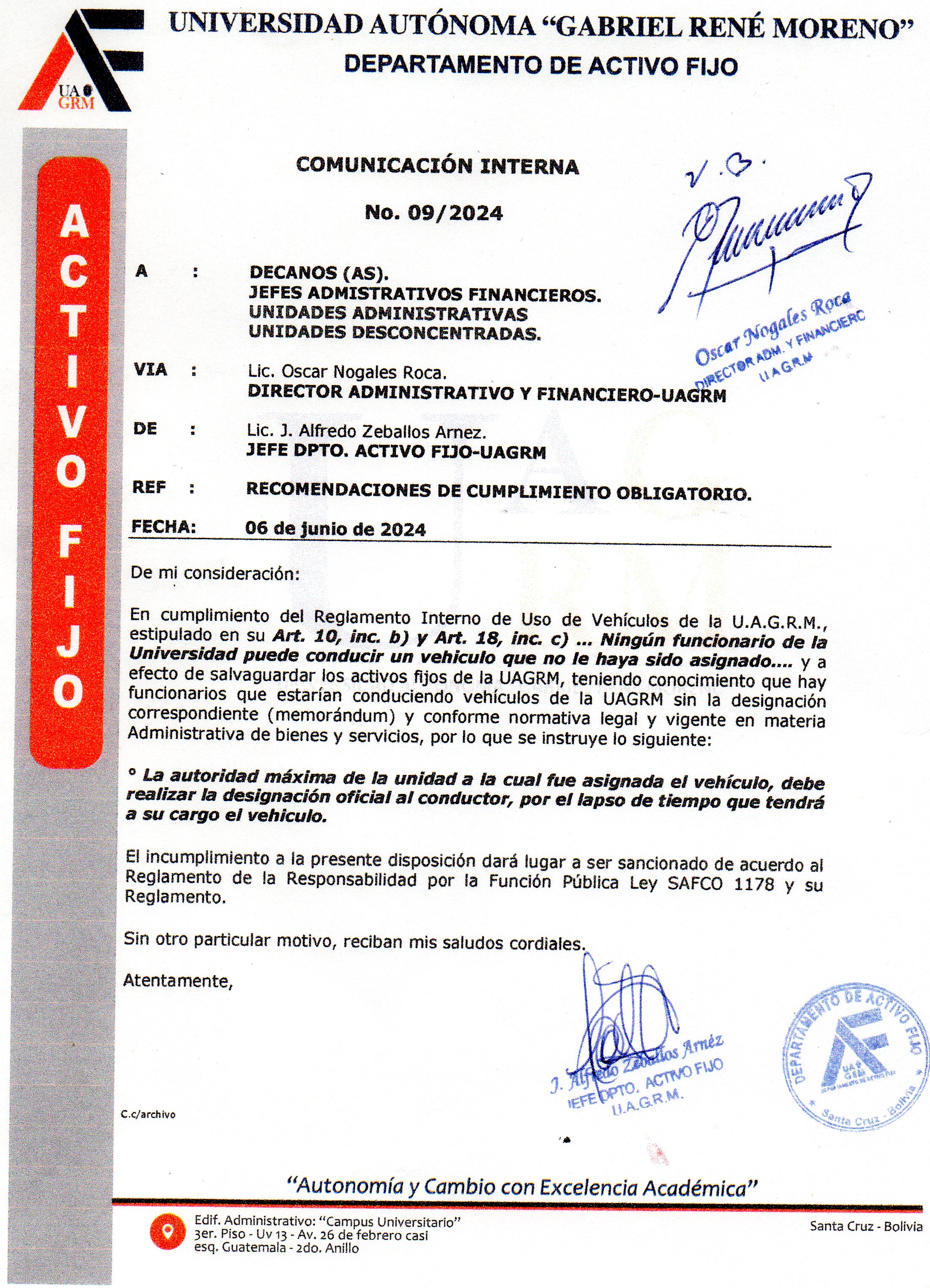 COMUNICACIÓN INTERNA NO. 09/2024 "RECOMENDACIÓNES  DE USO DE CUMPLIMIENTO OBLIGATORIO"