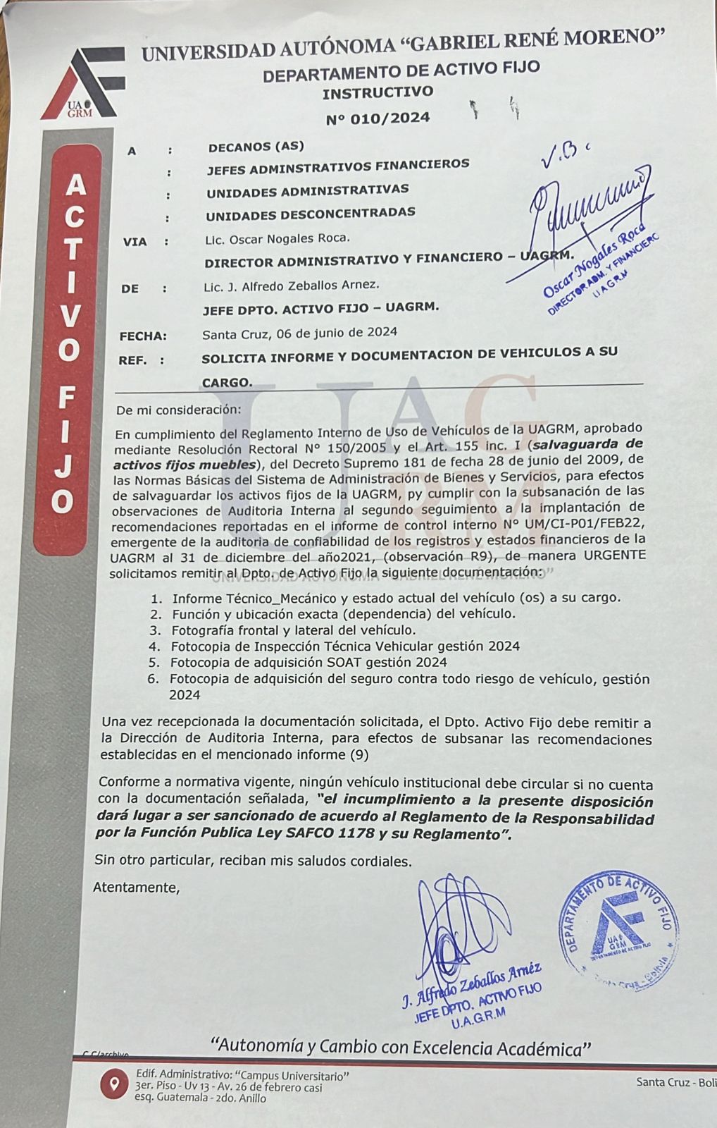 INSTRUCTIVA N° 010/2024 "SOLICITA INFORME Y DOCUMENTACIÓN DE VEHÍCULOS A SU CARGO"