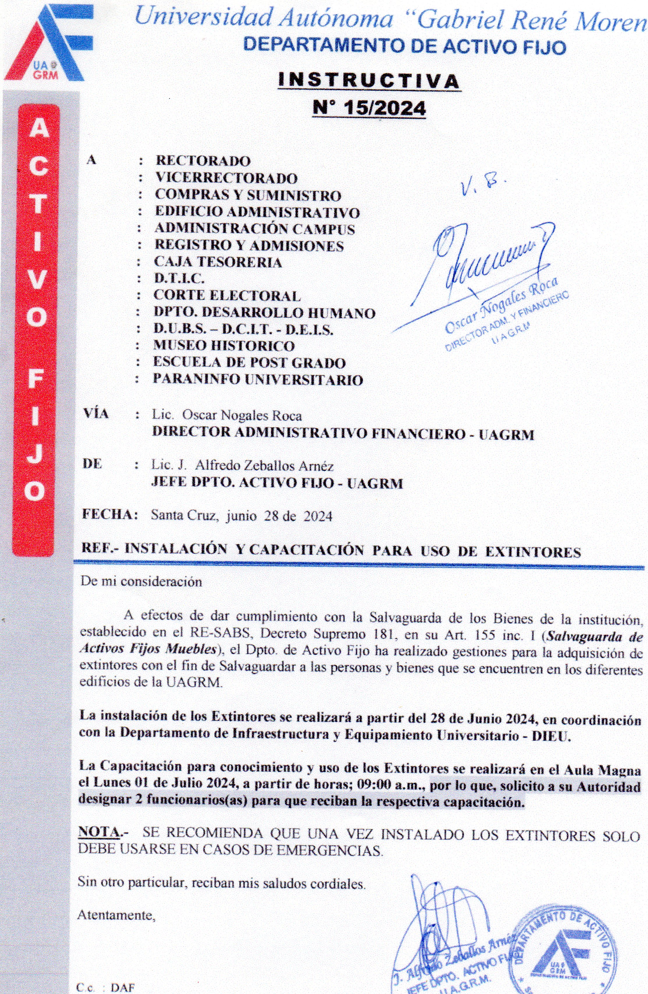 INTRUCTIVA N° 15/2024 "INSTALACIÓN Y CAPACITACIÓN PARA USO DE EXTINTORES"