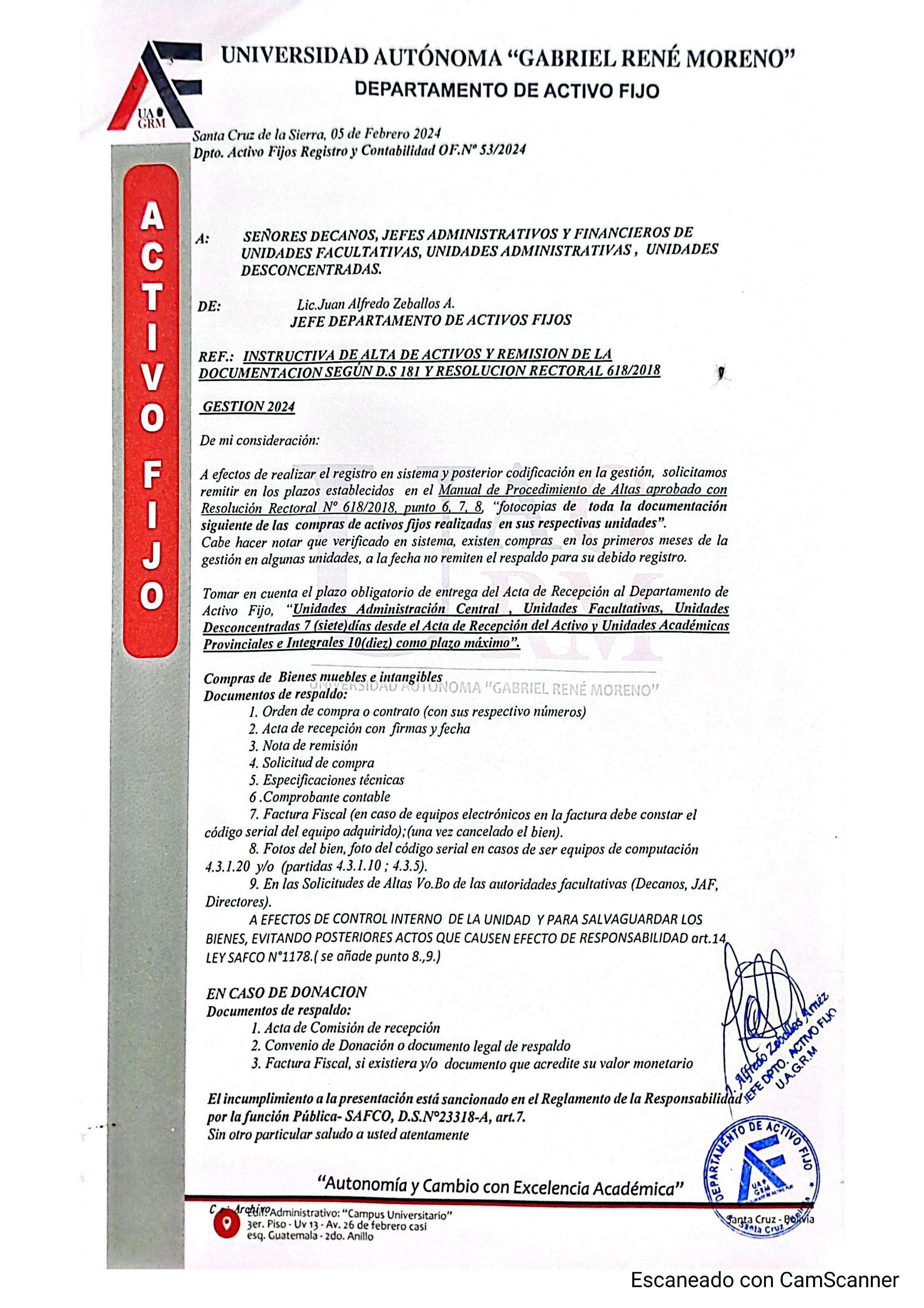 INSTRUCTIVA DE ALTA DE ACTIVOS Y REMISIÓN DE LA DOCUMENTACIÓN SEGÚN D.S. 181 Y RESOLUCIÓN RECTORAL 618/2018 - GESTIÓN 2024