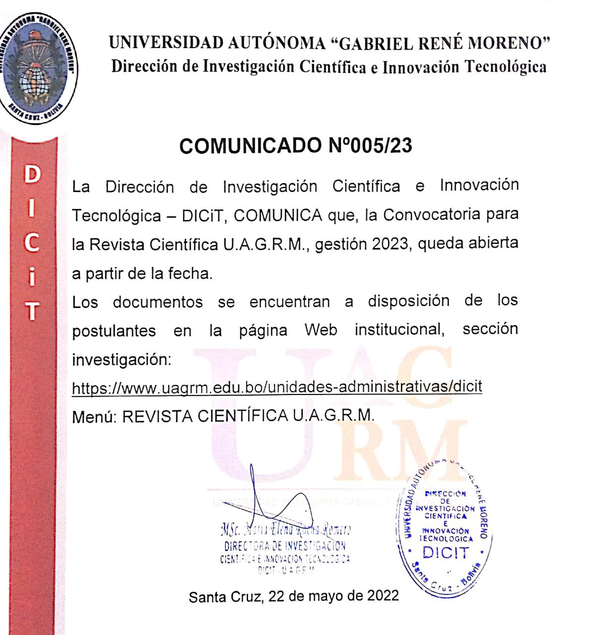 CONVOCATORIA REVISTA CIENTÍFICA U.A.G.R.M.