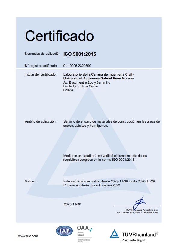 𝐋𝐚𝐛𝐨𝐫𝐚𝐭𝐨𝐫𝐢𝐨 𝐝𝐞 𝐈𝐧𝐠𝐞𝐧𝐢𝐞𝐫𝐢́𝐚 𝐂𝐢𝐯𝐢𝐥 𝐚𝐥𝐜𝐚𝐧𝐳𝐚 𝐞𝐥 𝐞𝐬𝐭𝐚́𝐧𝐝𝐚𝐫 𝐈𝐒𝐎 𝟗𝟎𝟎𝟏:𝟐𝟎𝟏𝟓