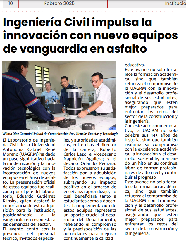 Ingeniería Civil Impulsa la Inovación, con Nuevo Equipo de Vanguardia en Asfalto