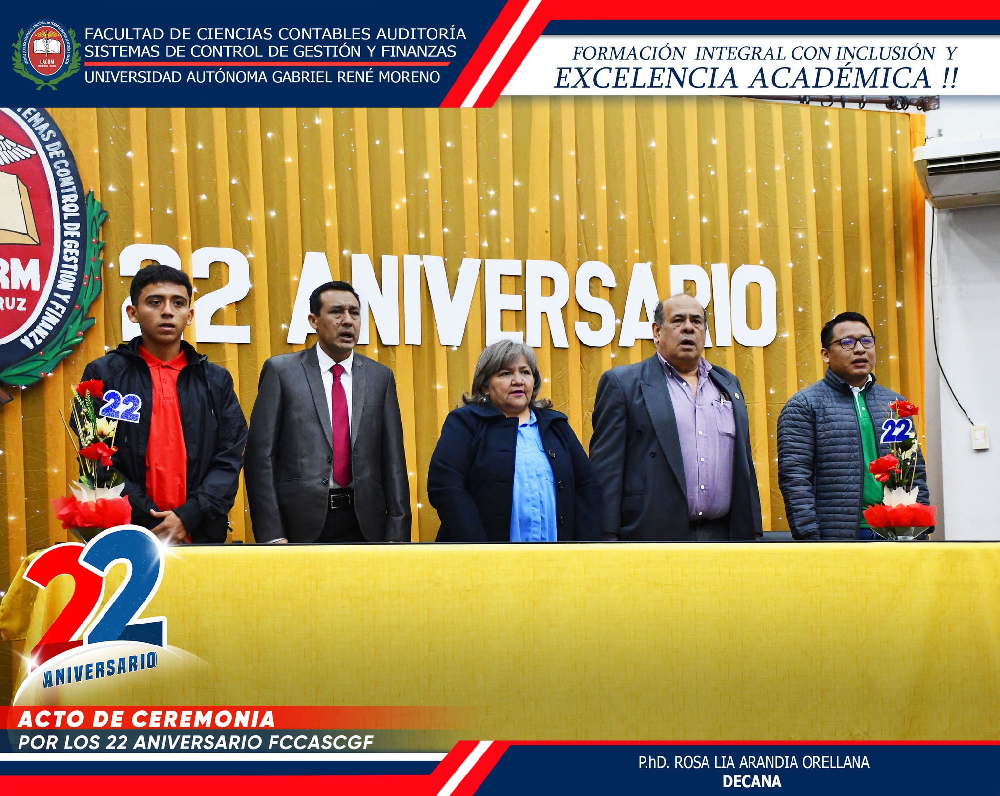𝟮𝟮 𝗔𝗡𝗜𝗩𝗘𝗥𝗦𝗔𝗥𝗜𝗢 FACULTAD DE CIENCIAS CONTABLES, AUDITORIA, SISTEMAS DE CONTROL DE GESTION Y FINANZAS La Facultad de Ciencias Contables a cargo de la Decana PhD. Rosalía Arandia Orellana, este pasado 16 de mayo cumplió sus 22 años y con mucho orgullo en sus dos carreras: Contaduría Pública presencial y virtual e Información y Control de Gestión. El acto inicio con la celebración de la Santa Misa junto a Autoridades Facultativas, Docentes, Estudiantes y Personal Administrativo y finalizó con el brindis y una deliciosa torta. Posteriormente hubo un almuerzo para docentes, estudiantes y personal administrativo.