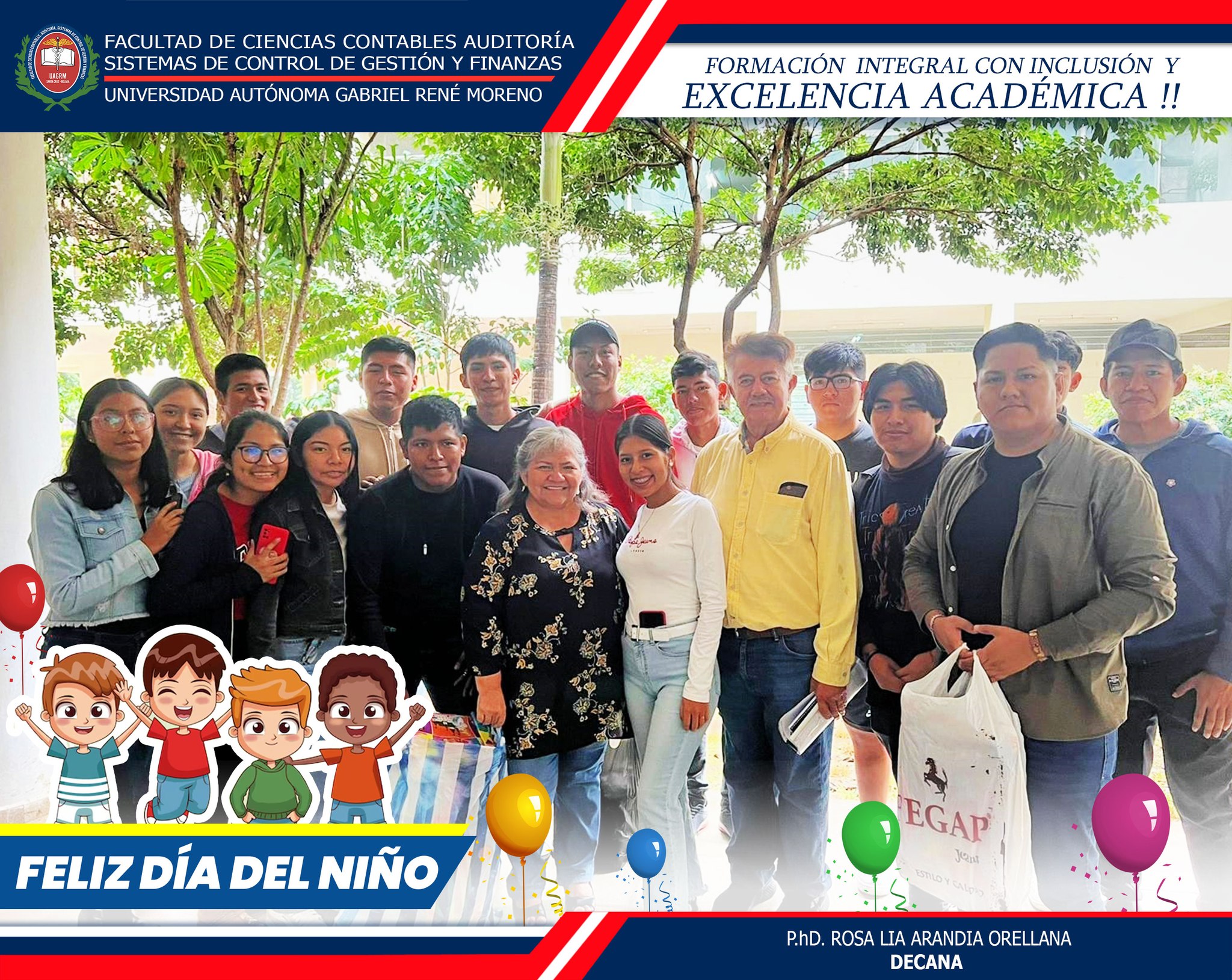 FACULTAD DE CIENCIAS CONTABLES JUNTO A LA DECANA Y GRUPOS ESTUDIANTILES AGASAJARON A LOS NIÑOS EN EL CENTRO DE REHABILITACION DE PALMASOLA La Facultad de Ciencias Contables con la presencia de la Decana PhD. Rosalía Arandia Orellana, junto a un grupo de estudiantes hicieron un día muy especial lleno de esperanza y sonrisas a los niños del centro de rehabilitación palmasola en homenaje al día del niño boliviano obsequiándoles regalos y compartiendo momentos tan significativos con estos valientes niños que representan la esperanzan y el futuro de nuestro país.