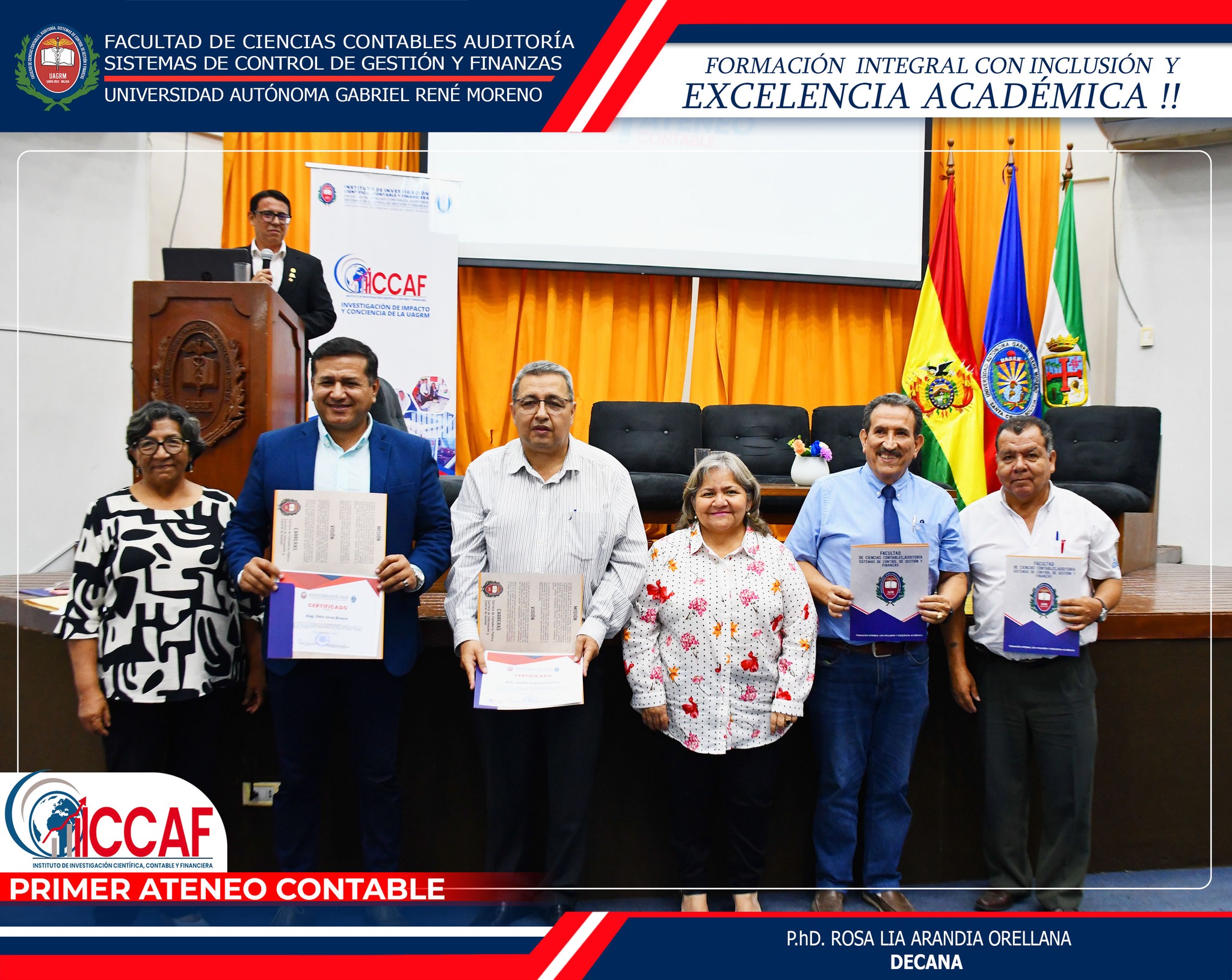 𝟭𝗲𝗿. 𝗔𝗧𝗘𝗡𝗘𝗢 𝗖𝗢𝗡𝗧𝗔𝗕𝗟𝗘 PROYECTO DE LEY 035 – LEY DE PENSIONES La Facultad de Ciencias Contables en Coordinación con el Instituto de Investigación Científica, Contable y Financiera llevo a cabo el 1er. ATENEO CONTABLE, enfocado a la Ley N° 035 – Ley de pensiones, esta actividad se realizó en el Salón Auditorio, con la presencia de invitados especiales como el Dr. Felix Oros Vicepresidente del Colegio de Abogados, el MSc. Roque Méndez Presidente de la Federación de Profesores, MSc. Adolfo Guerrero Encinas como docente de la Universidad y Sócimo Paniagua Suarez como ejecutivo interino de la COB Santa Cruz.