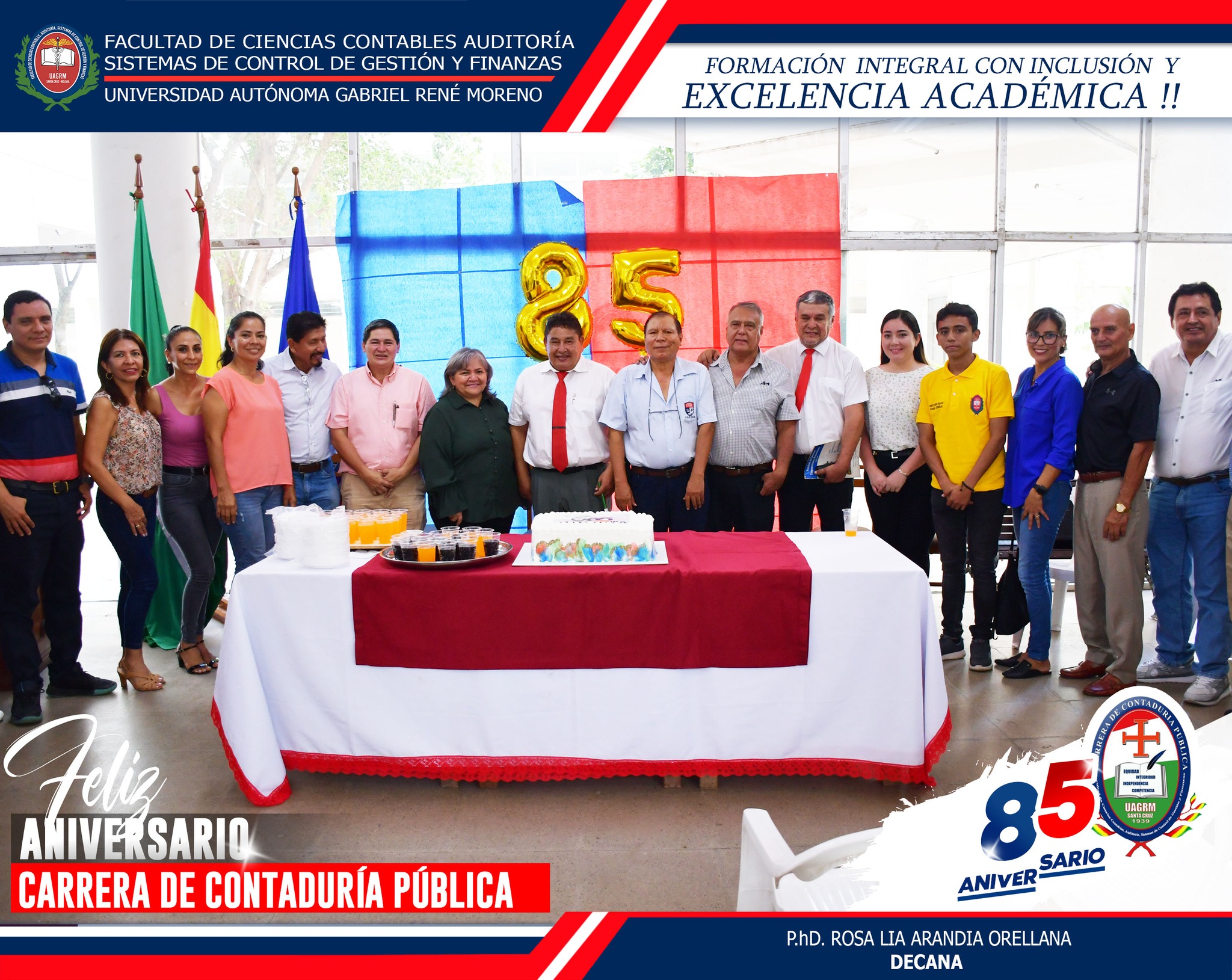 85 ANIVERSARIO DE LA CARRERA CONTADURIA PUBLICA DE LA FACULTAD DE CIENCIAS CONTABLES El pasado 15 de marzo la Carrera de Contaduría Pública de la Facultad de Contaduría Pública, cumplió 85 años a la cabeza de su Director PhD. Fausto Mendoza Iriarte que con mucho entusiasmo organizó un agasajo en la planta baja del módulo 213 junto a Autoridades Facultativas, Docentes, Personal Administrativo y Estudiantes, hubo celebración de la santa misa, entrega de reconocimiento a los alumnos destacados de la Carrera y una deliciosa torta que se compartió junto a todos los presentes.