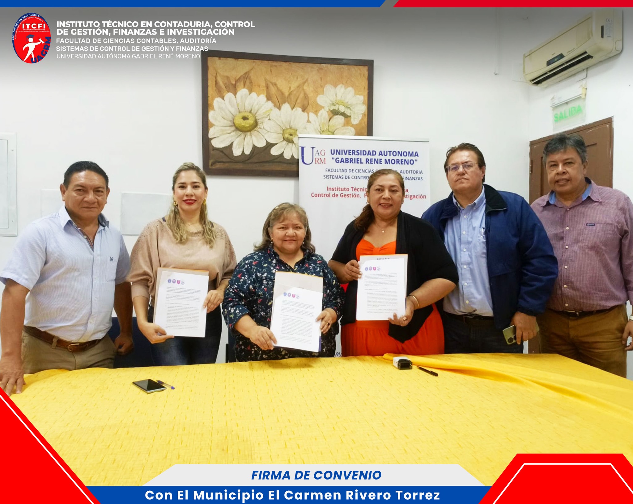 FIRMA DE CONVENIO DE COOPERACION INTERINSTITUCIONAL ENTRE EL INSTITUTO TECNICO EN CONTADURIA, CONTROL DE GESTION, FINANZAS E INVESTIGACION Y EL GOBIERNO AUTONOMO MINICIPAL EL CARMEN RIVERO TORREZ