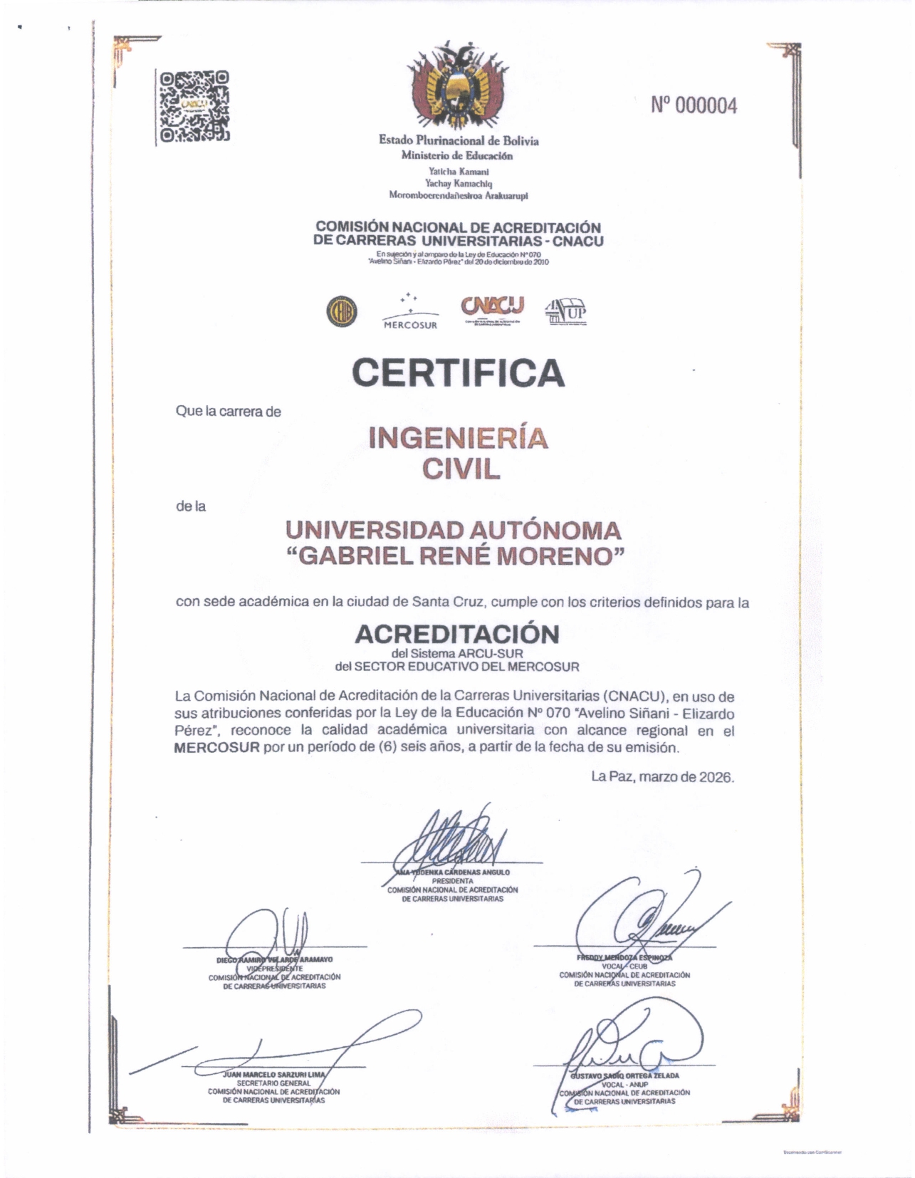 La carrera de Ingeniería Civil de la UAGRM logra la Acreditación Internacional ARCU-SUR del MERCOSUR