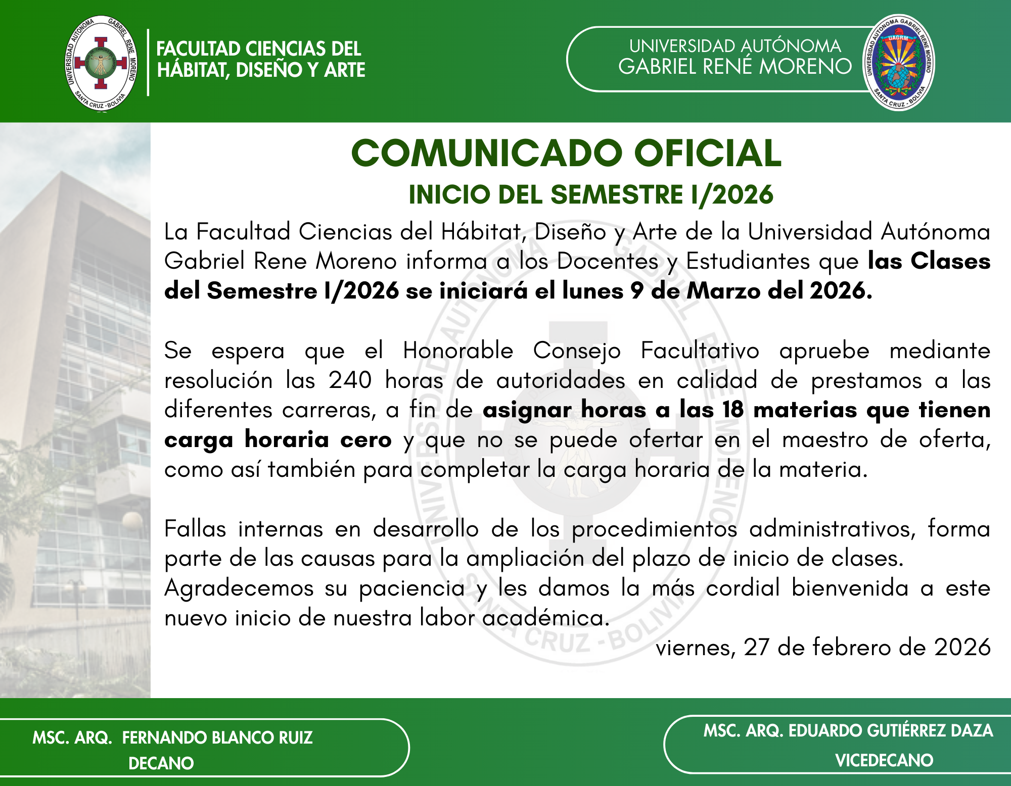 INICIO DEL SEMESTRE I/2026