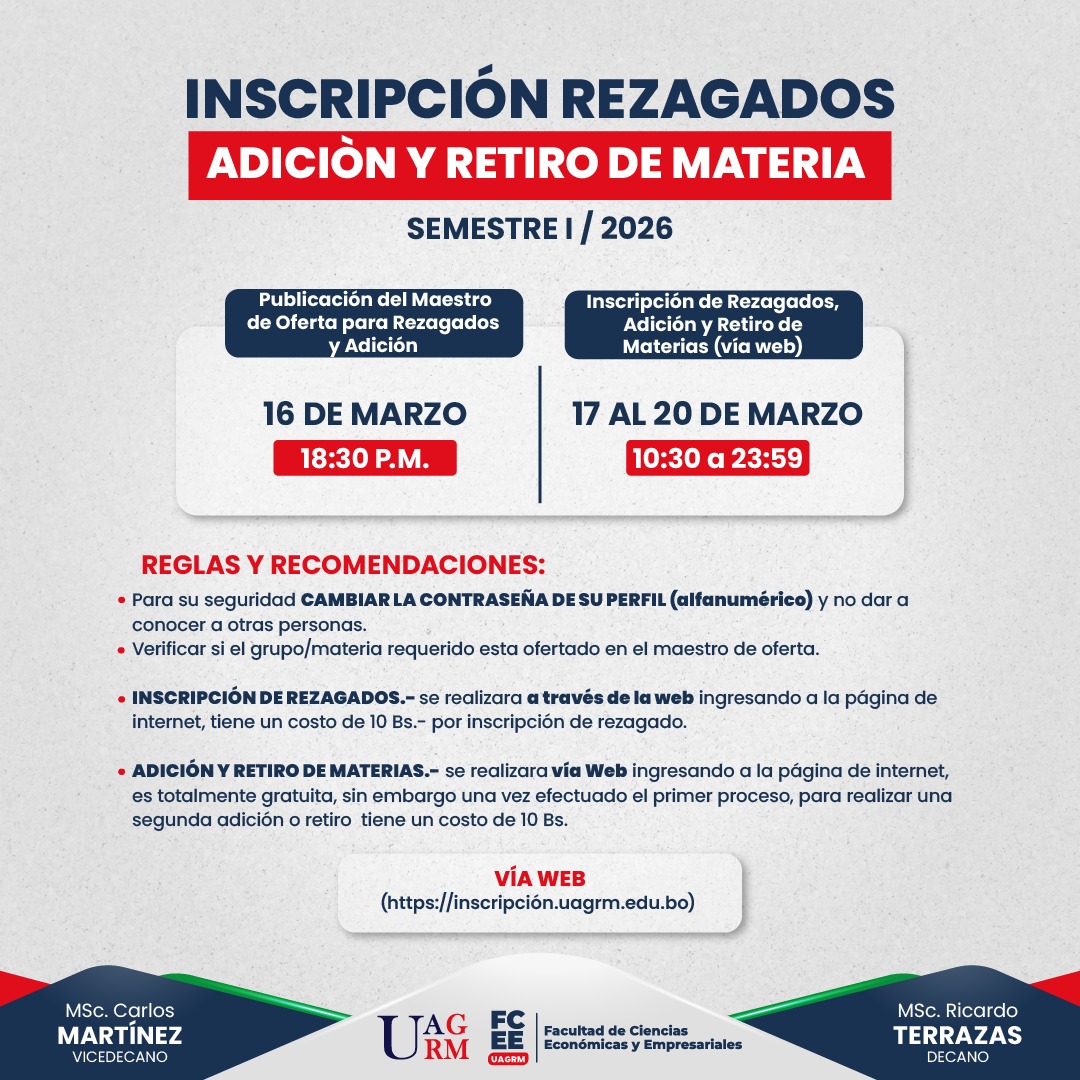 Inscripción de Rezagados, Adición y Retiro Semestre 1-2026